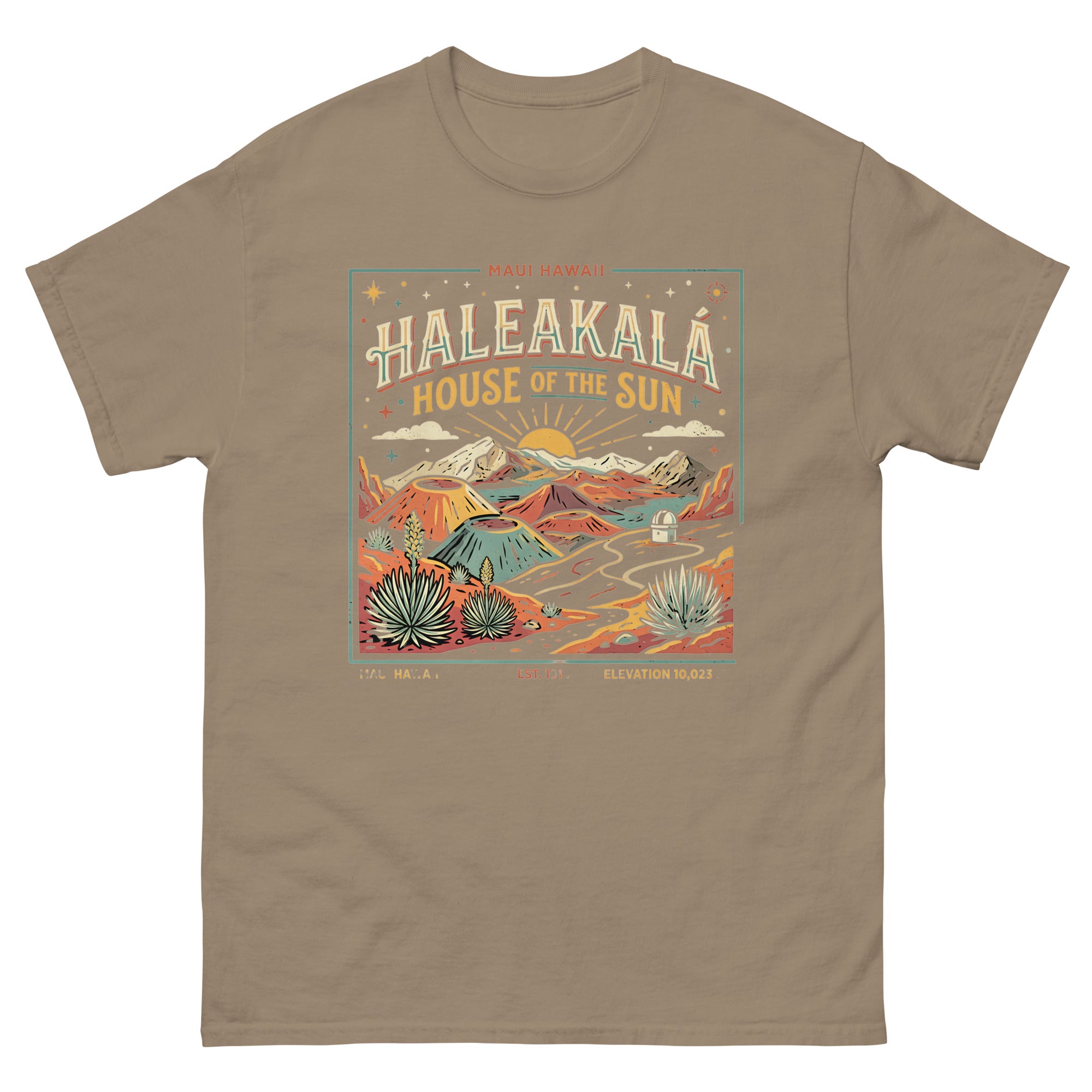 Haleakala House of the Sun Hawaiian t-shirt design on a Brown Savana unisex tee