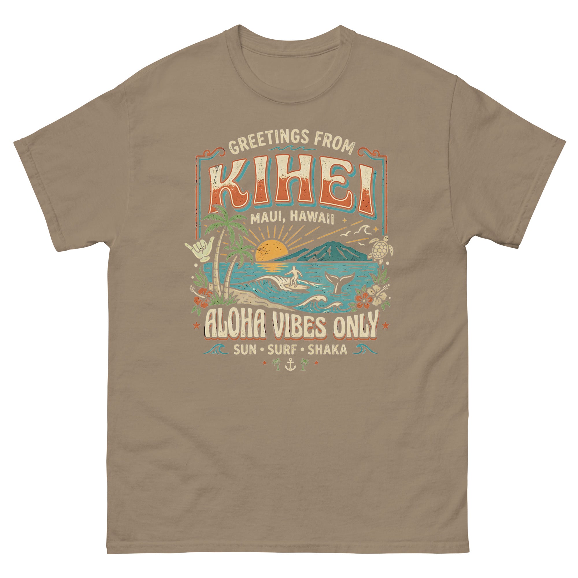 Greetings from Kihei Hawaiian t-shirt design on a Brown Savana unisex tee