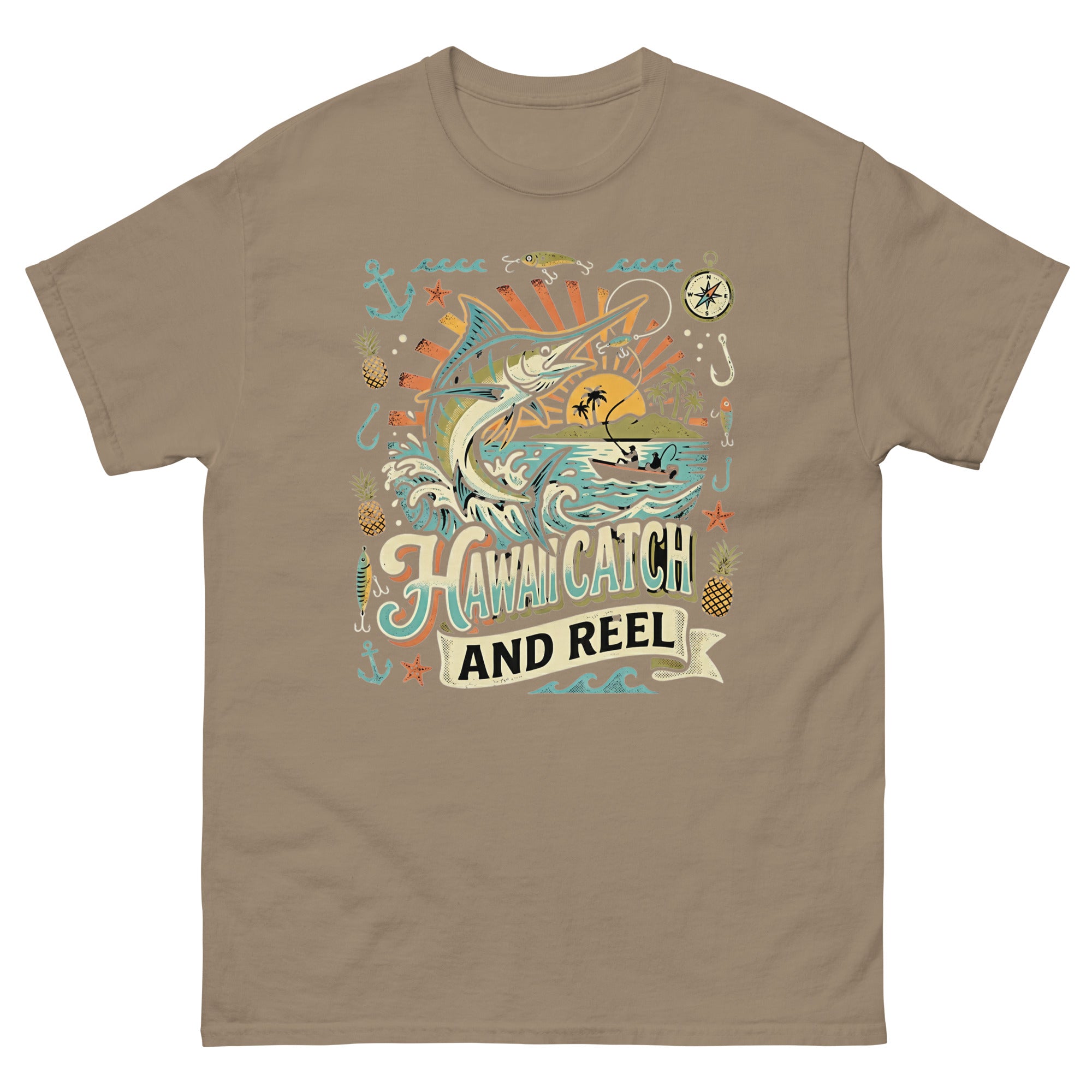 Hawaii Catch and Reel Hawaiian t-shirt design on a Brown Savana unisex tee