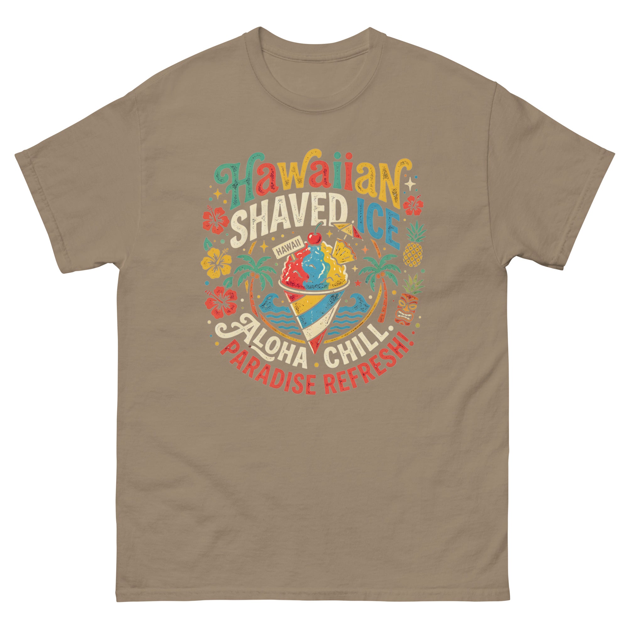 Hawaiian Shaved Ice Hawaiian t-shirt design on a Brown Savana unisex tee