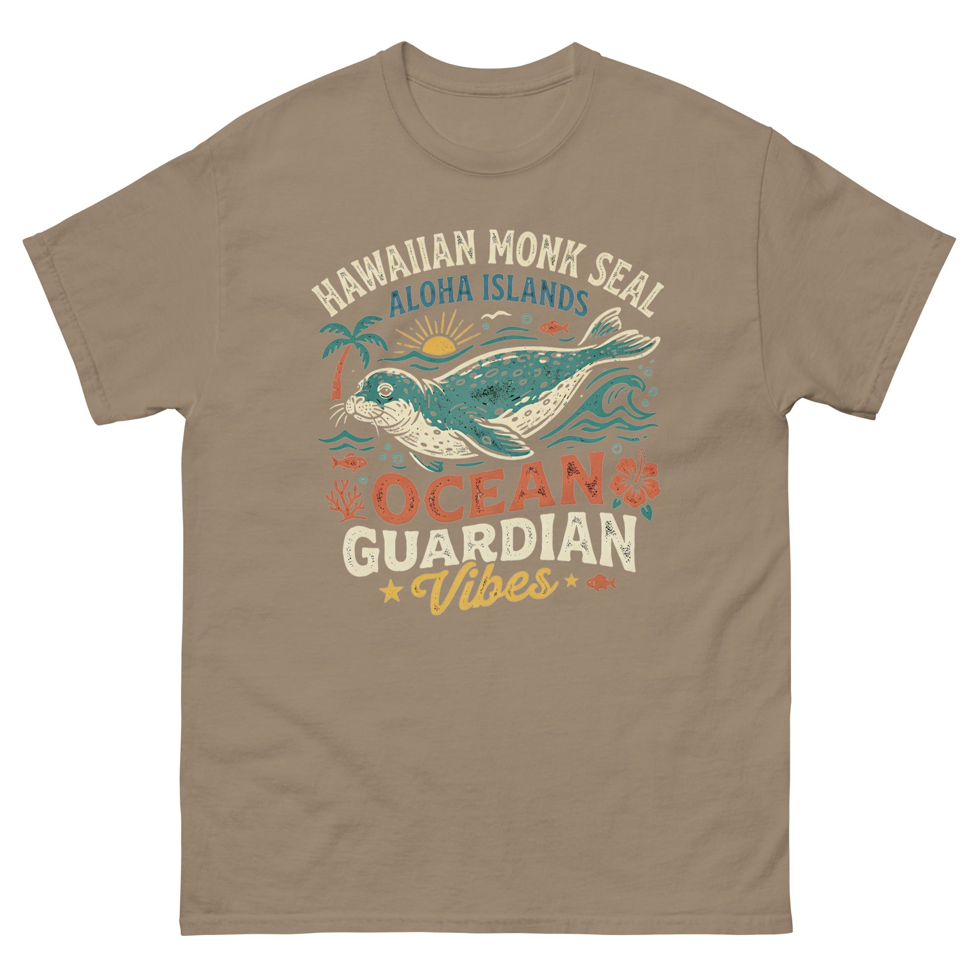 Hawaiian Monk Seal Ocean Guardian Hawaiian t-shirt design on a Brown Savana unisex tee