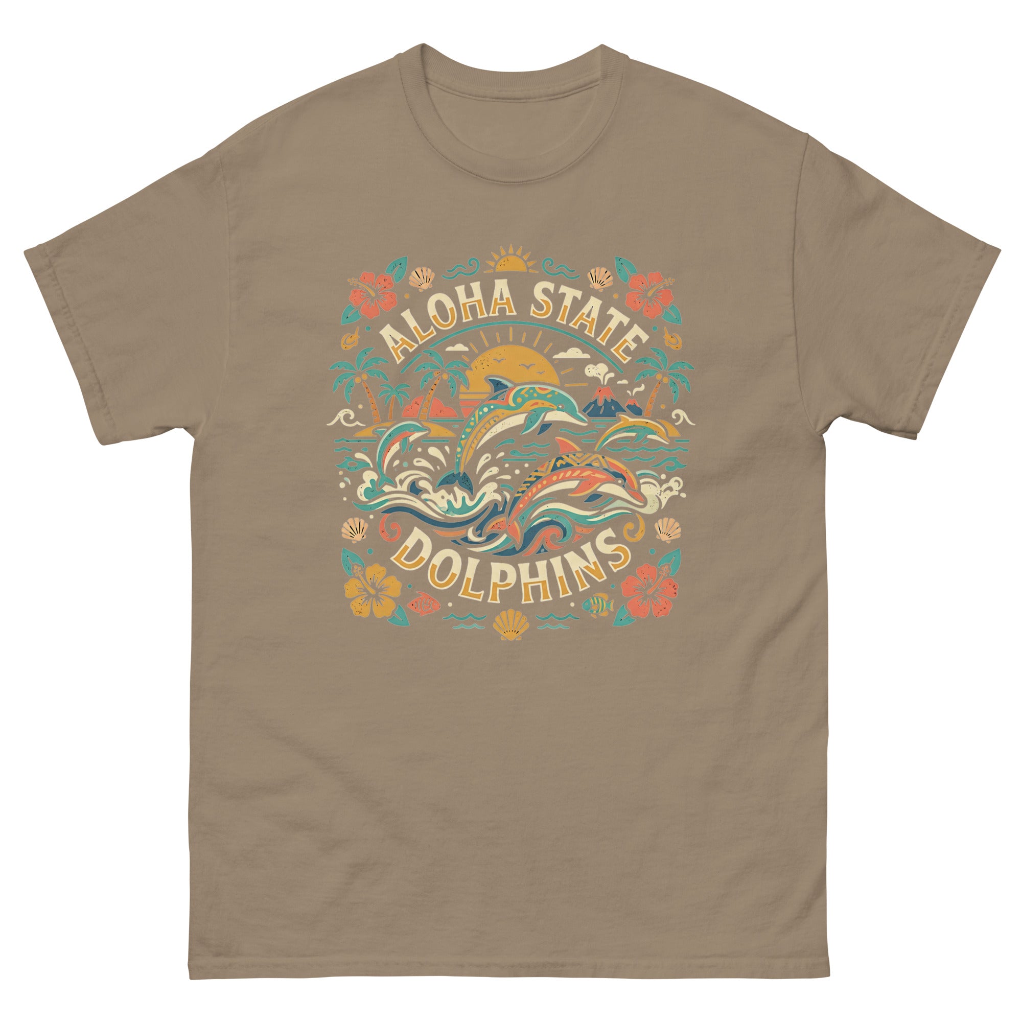 Aloha State Dolphins Hawaiian t-shirt design on a Brown Savana unisex tee