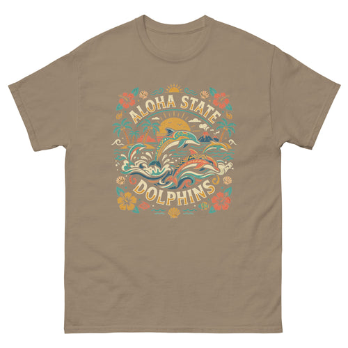 Aloha State Dolphins Hawaiian t-shirt design on a Brown Savana unisex tee