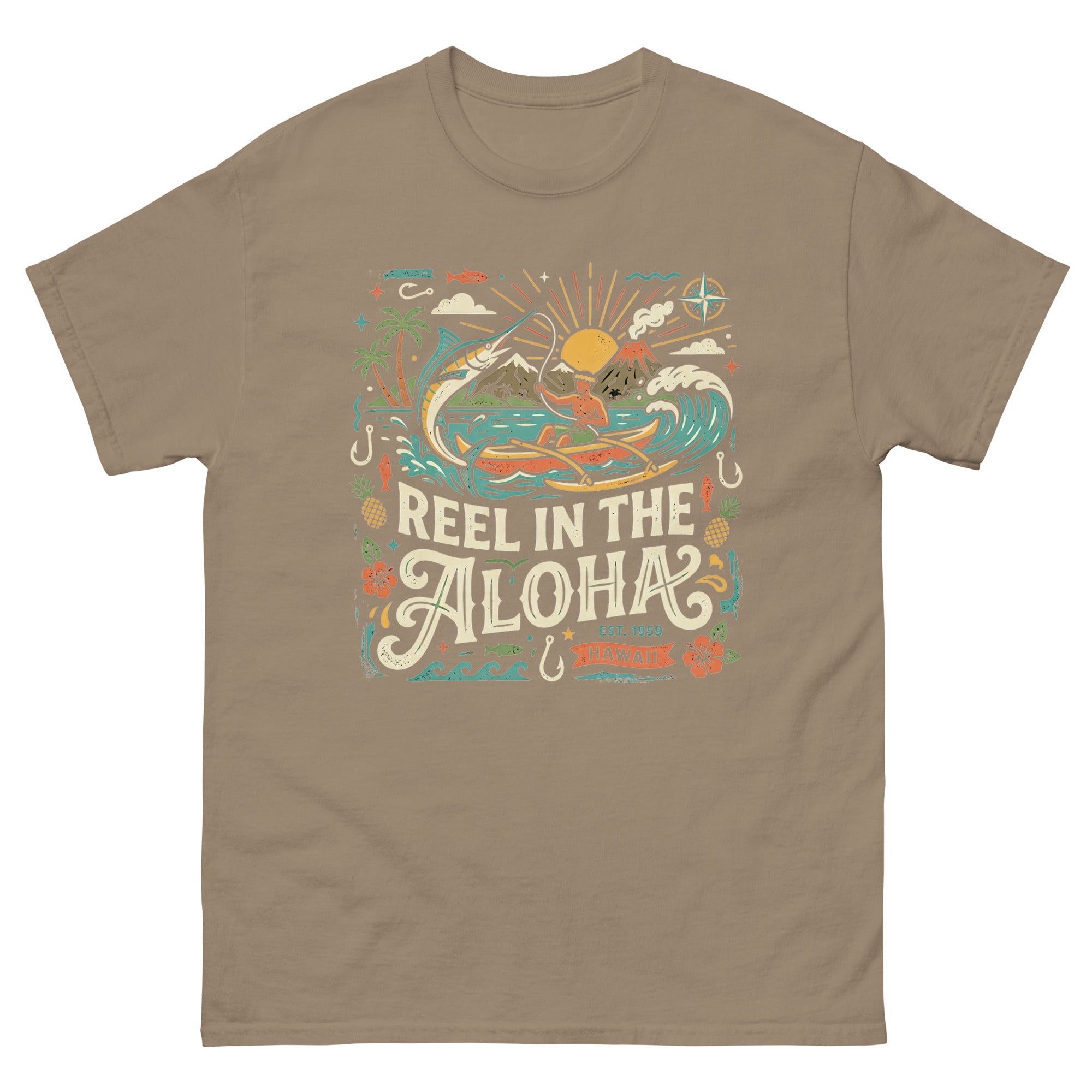 Reel in the Aloha Hawaiian t-shirt design on a Brown Savana unisex tee