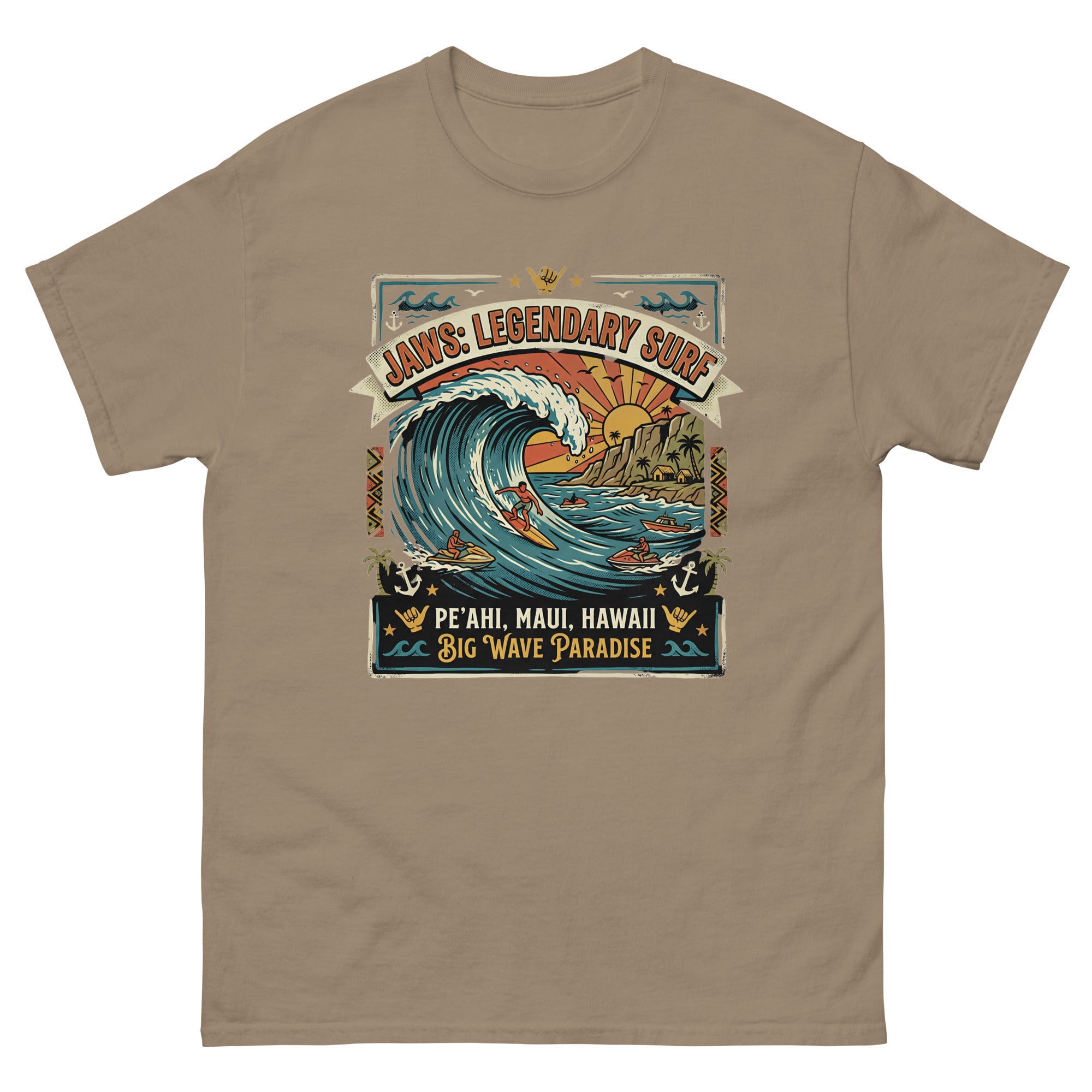 Jaws Legendary Surf Peahi Hawaiian t-shirt design on a Brown Savana unisex tee