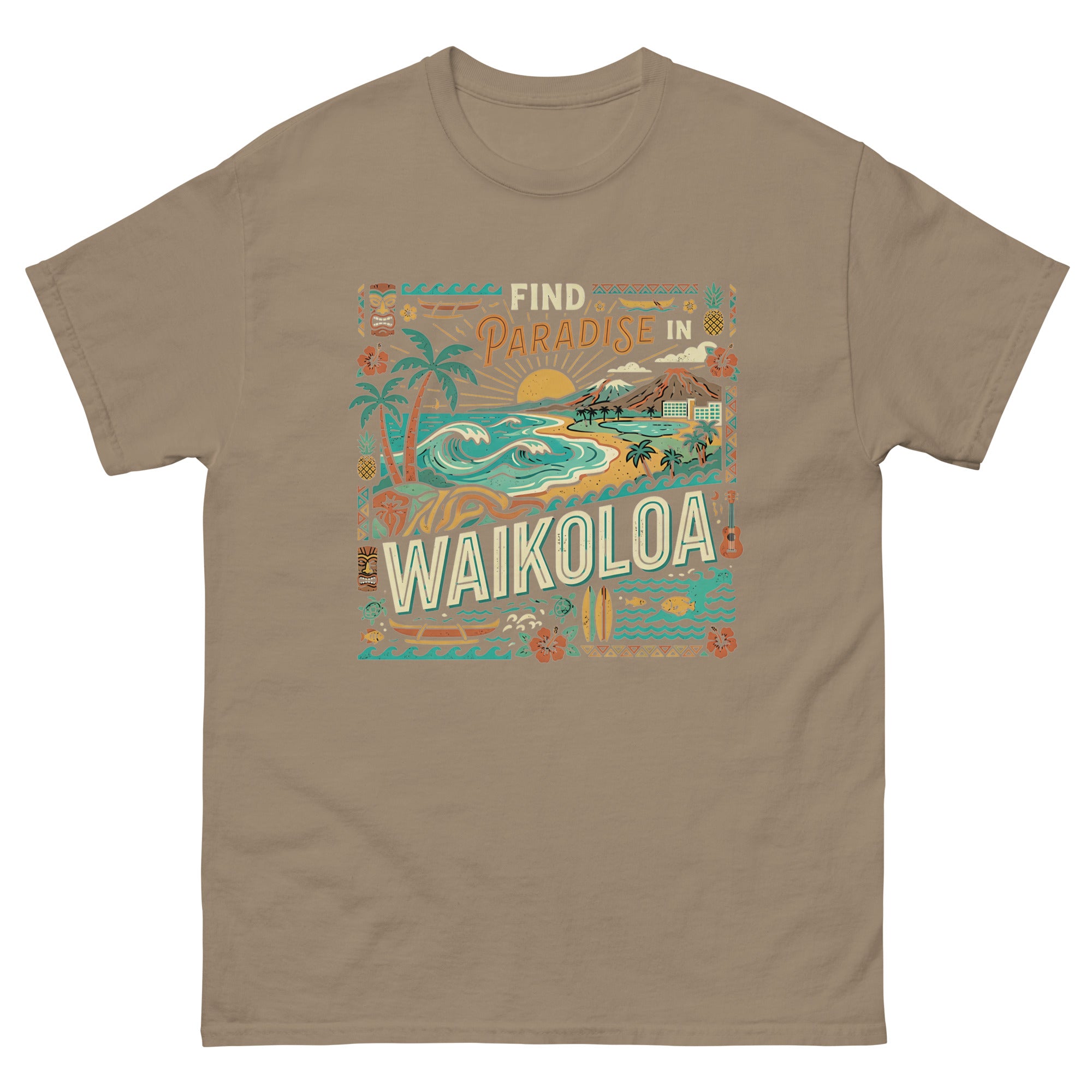 Find Paradise in Waikoloa Hawaiian t-shirt design on a Brown Savana unisex tee