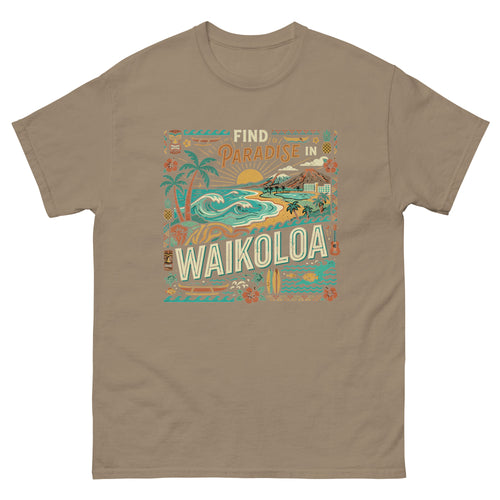 Find Paradise in Waikoloa Hawaiian t-shirt design on a Brown Savana unisex tee