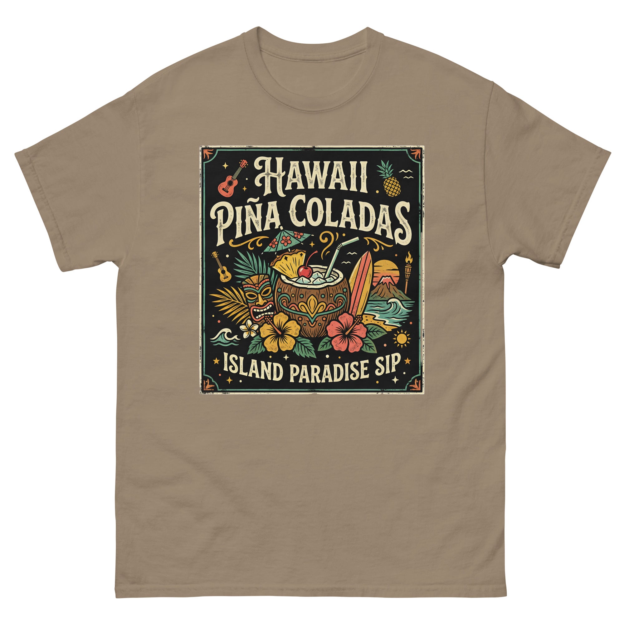 Hawaii Pina Coladas Aloha in a Glass Hawaiian t-shirt design on a Brown Savana unisex tee