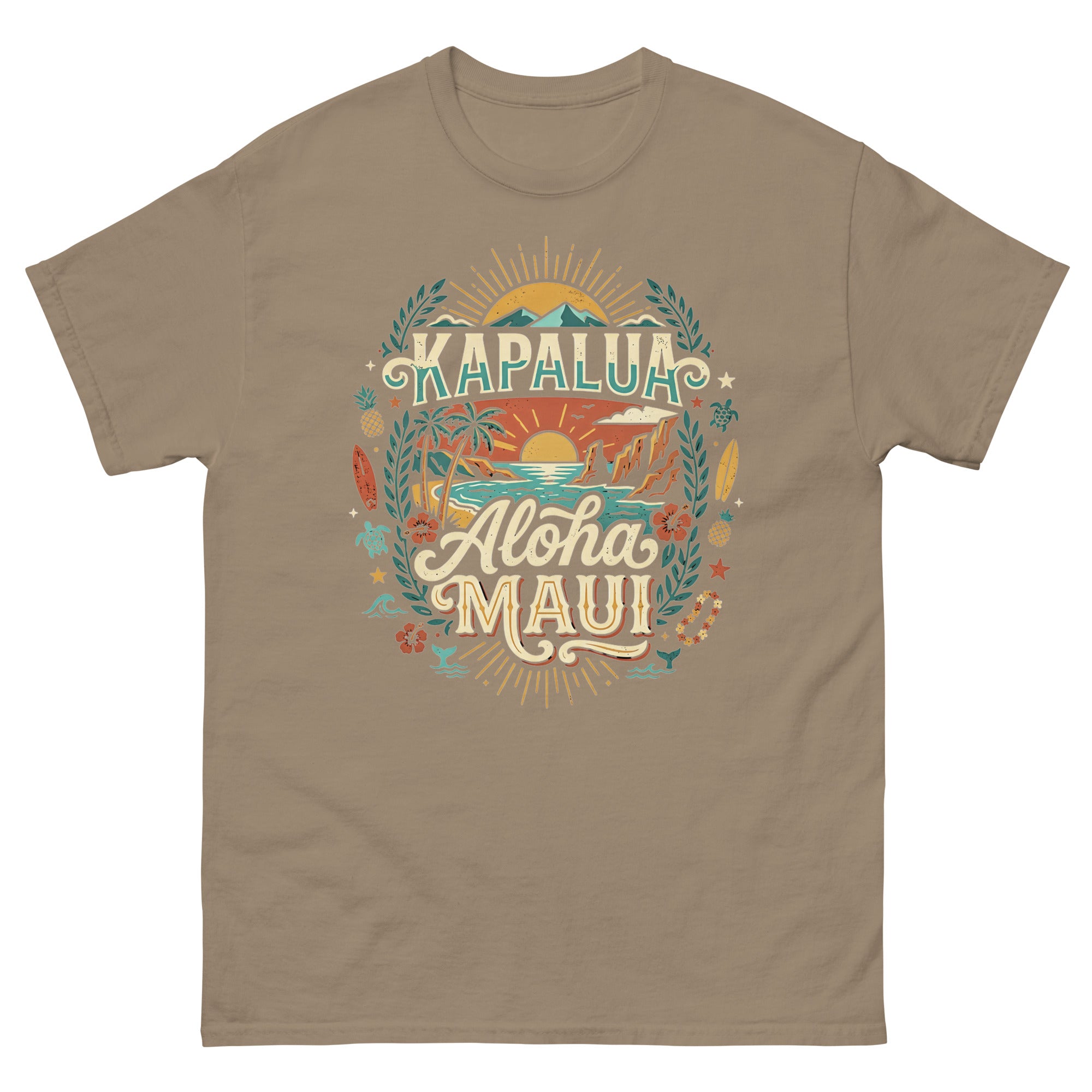 Kapalua Aloha Maui Hawaiian t-shirt design on a Brown Savana unisex tee