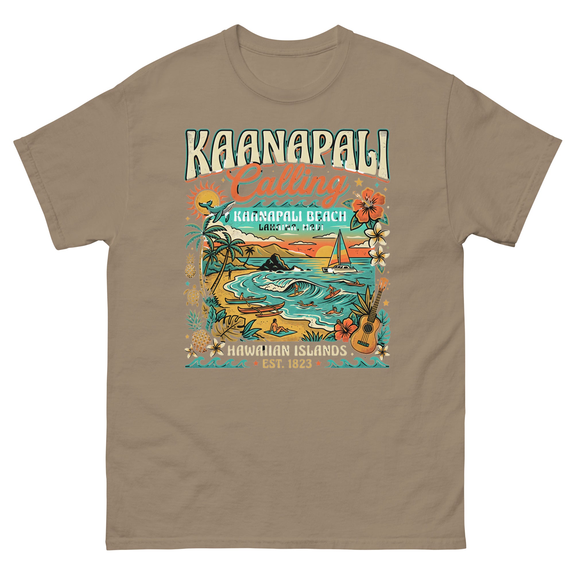 Kaanapali Calling Beach v1 Hawaiian t-shirt design on a Brown Savana unisex tee