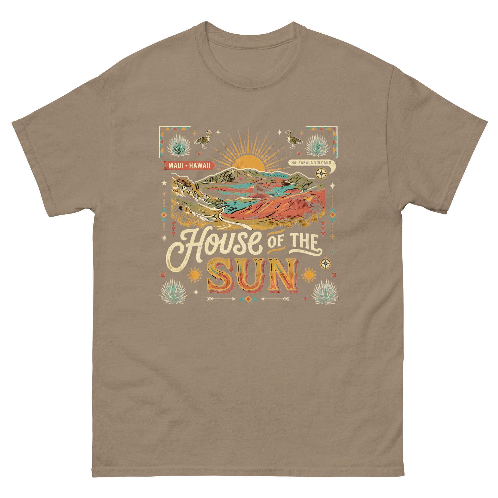 House of the Sun Haleakala Volcano Hawaiian t-shirt design on a Brown Savana unisex tee