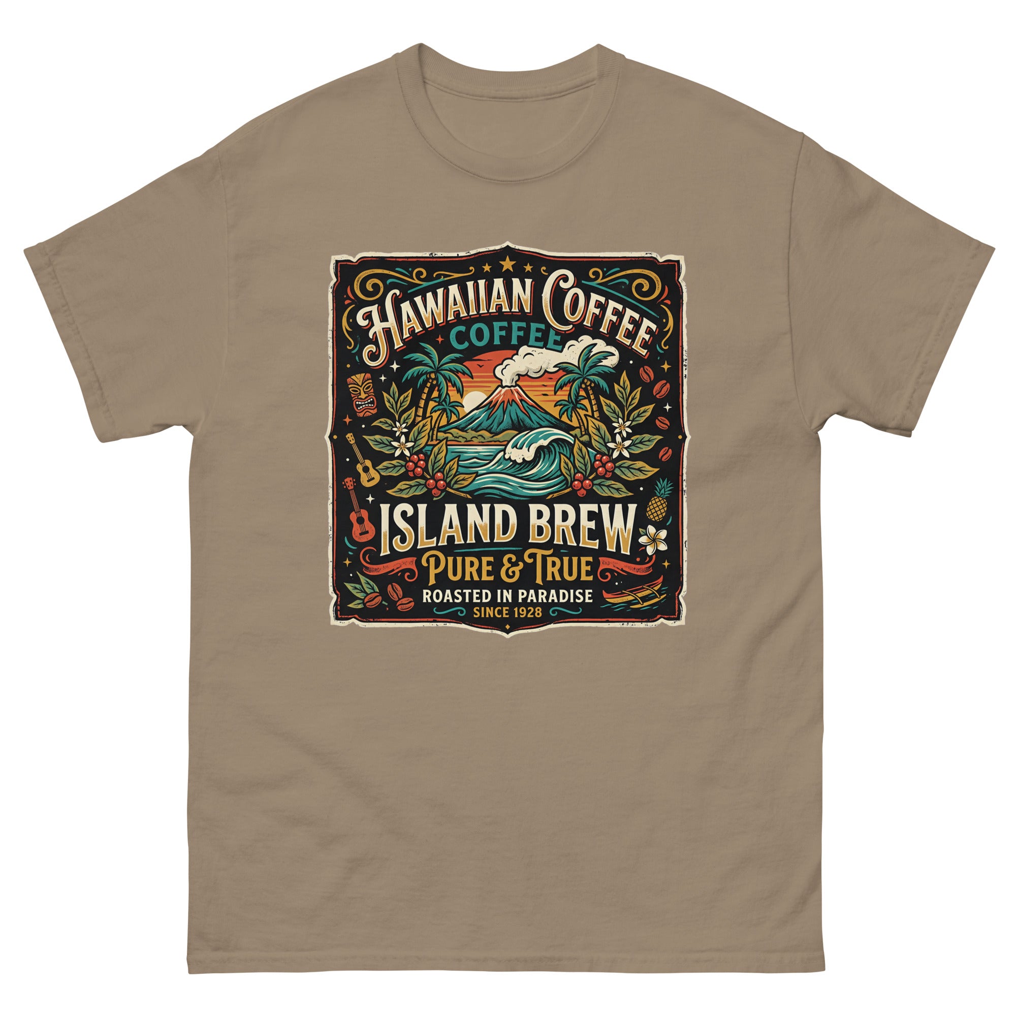 Hawaiian Coffee Island Brew Hawaiian t-shirt design on a Brown Savana unisex tee