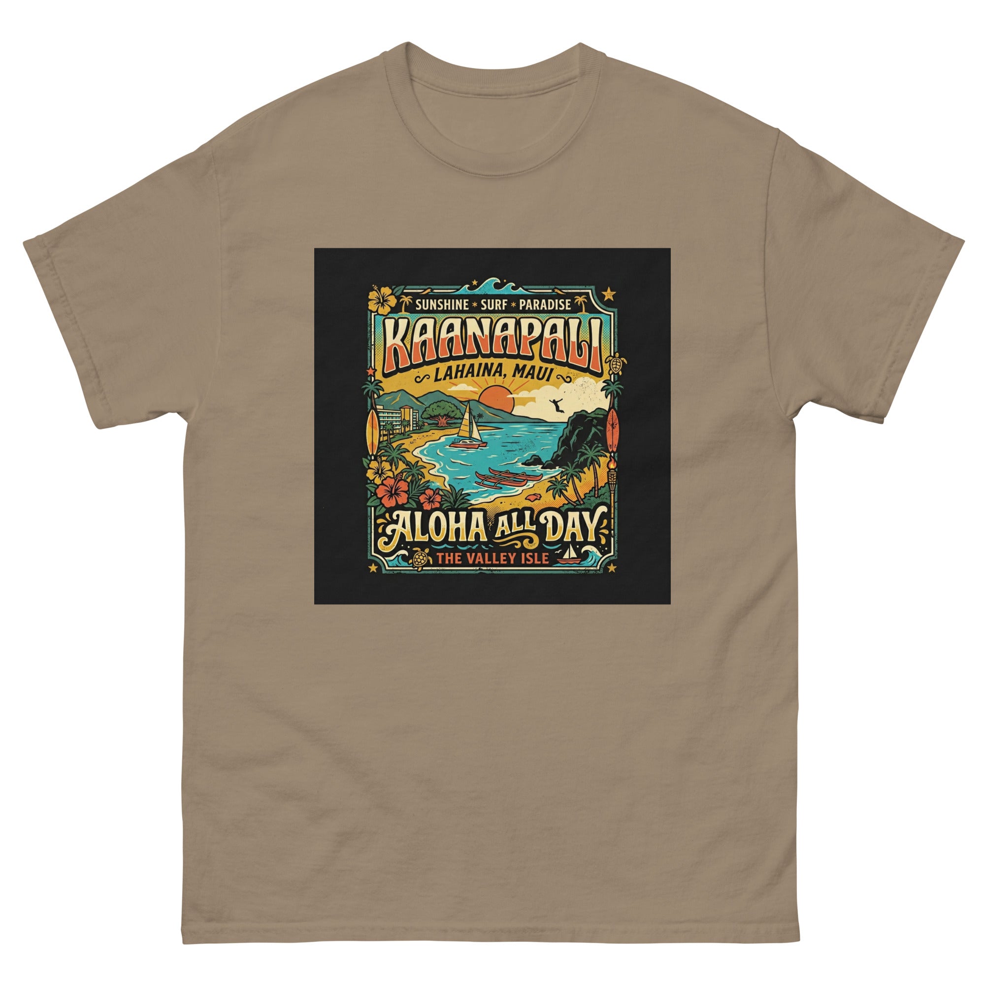 Kaanapali Lahaina Aloha All Day v2 Hawaiian t-shirt design on a Brown Savana unisex tee