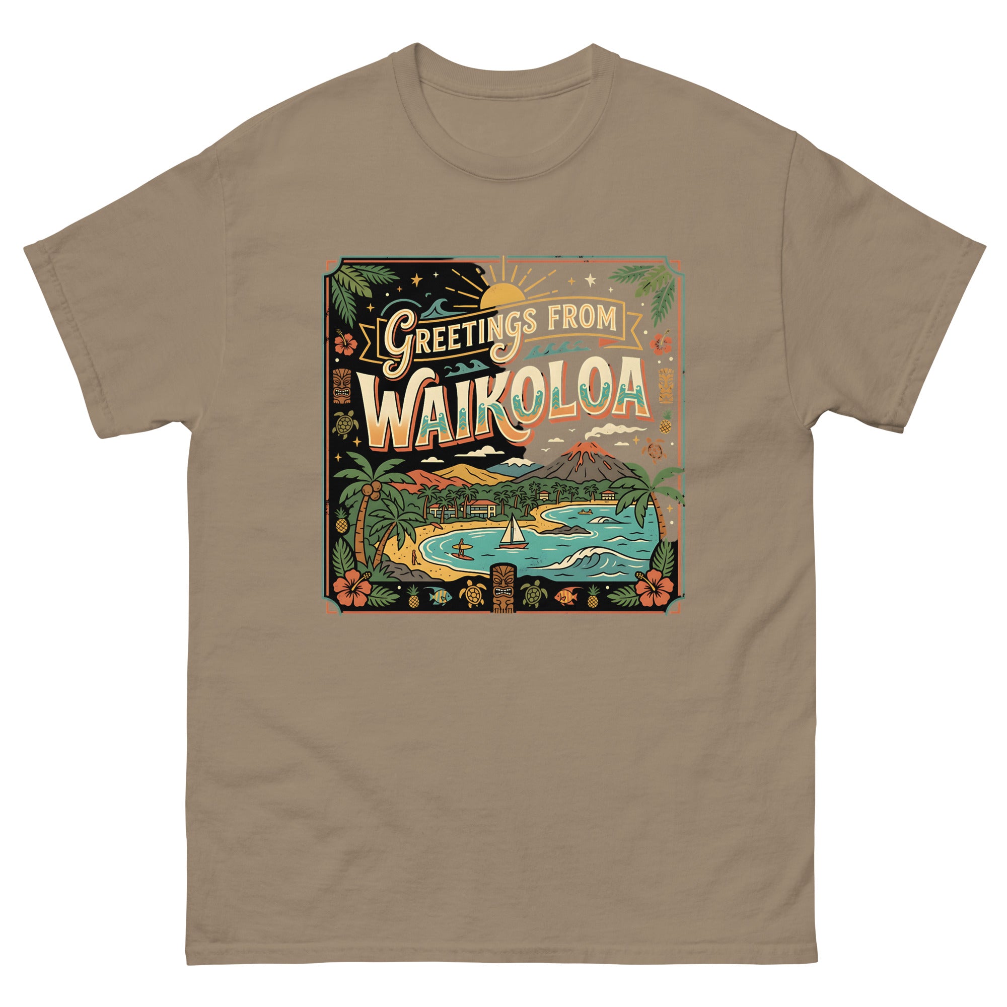 Greetings from Waikoloa Hawaiian t-shirt design on a Brown Savana unisex tee