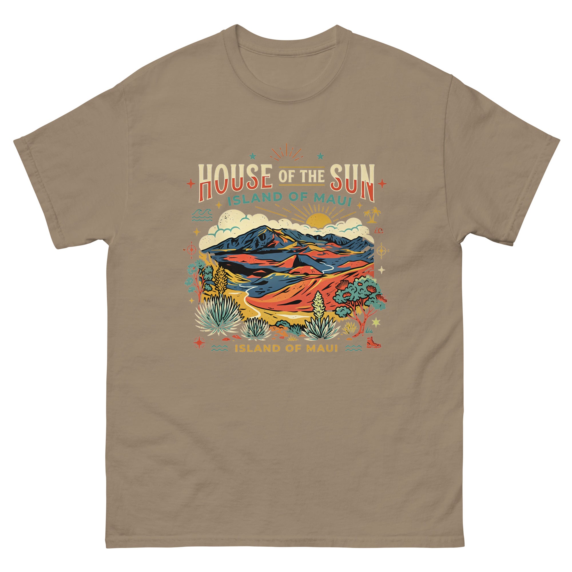 House of the Sun Island of Maui Hawaiian t-shirt design on a Brown Savana unisex tee