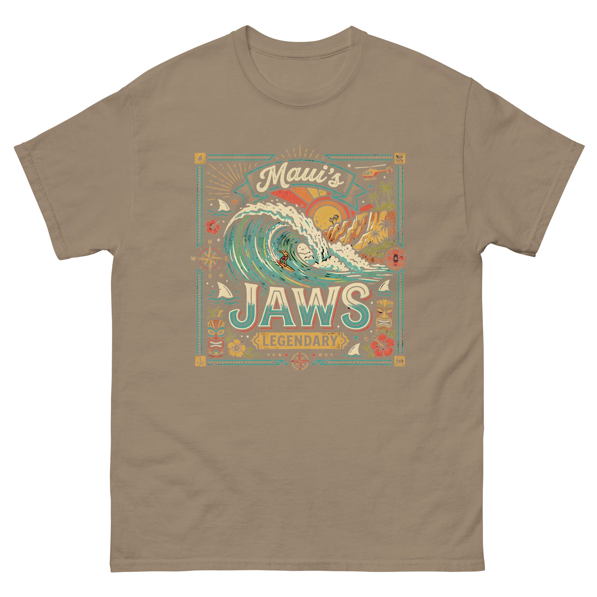 Mauis Jaws Legendary Hawaiian t-shirt design on a Brown Savana unisex tee