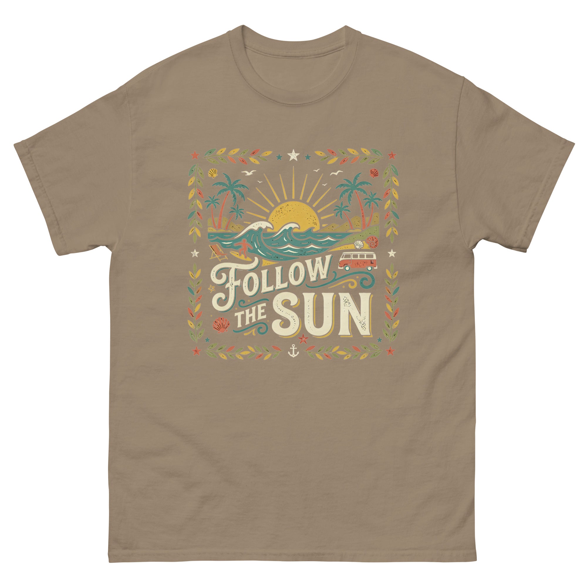 Chasing the Sun v2 Hawaiian t-shirt design on a Brown Savana unisex tee