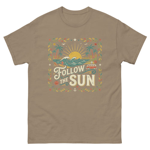 Chasing the Sun v2 Hawaiian t-shirt design on a Brown Savana unisex tee