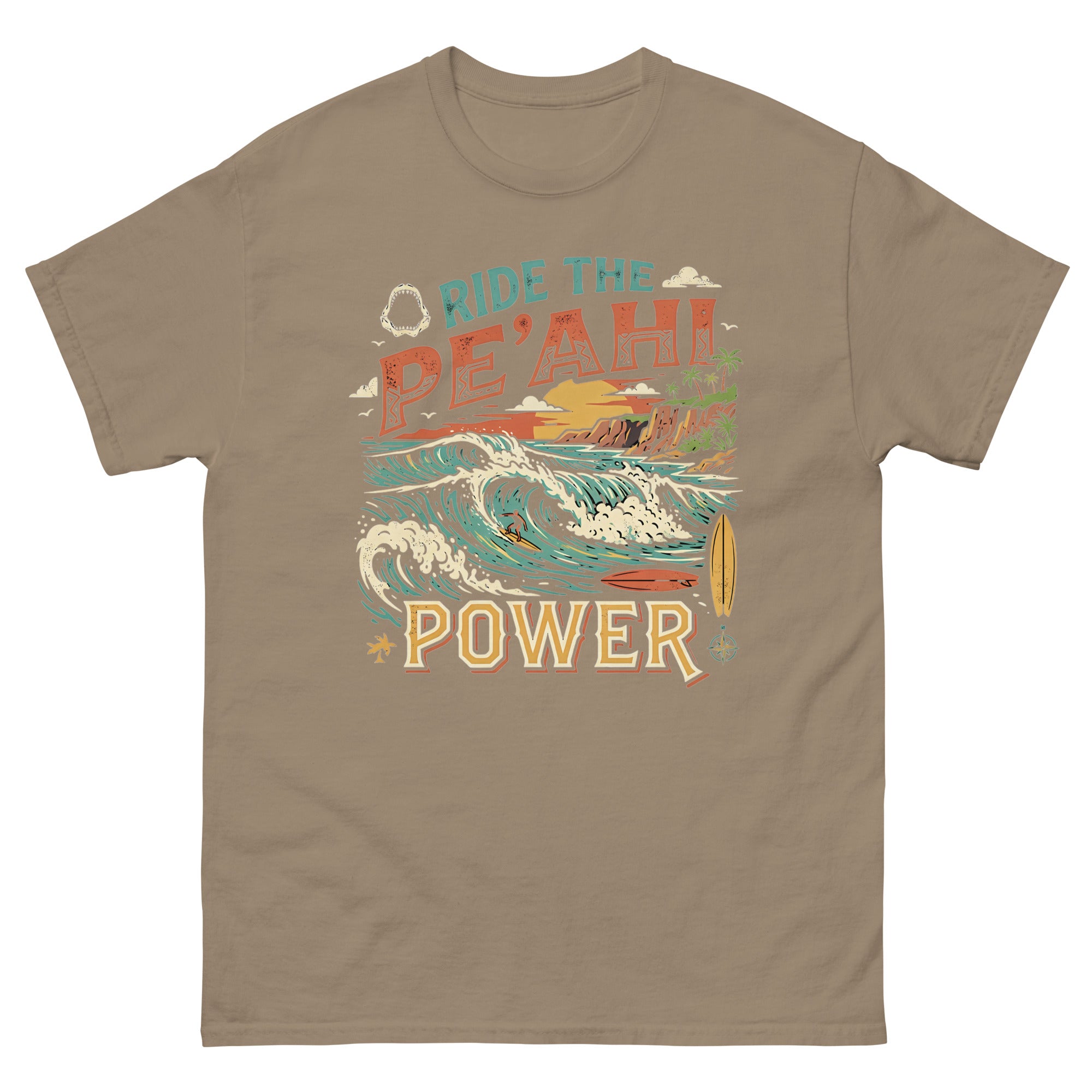 Ride the Peahi Power Hawaiian t-shirt design on a Brown Savana unisex tee