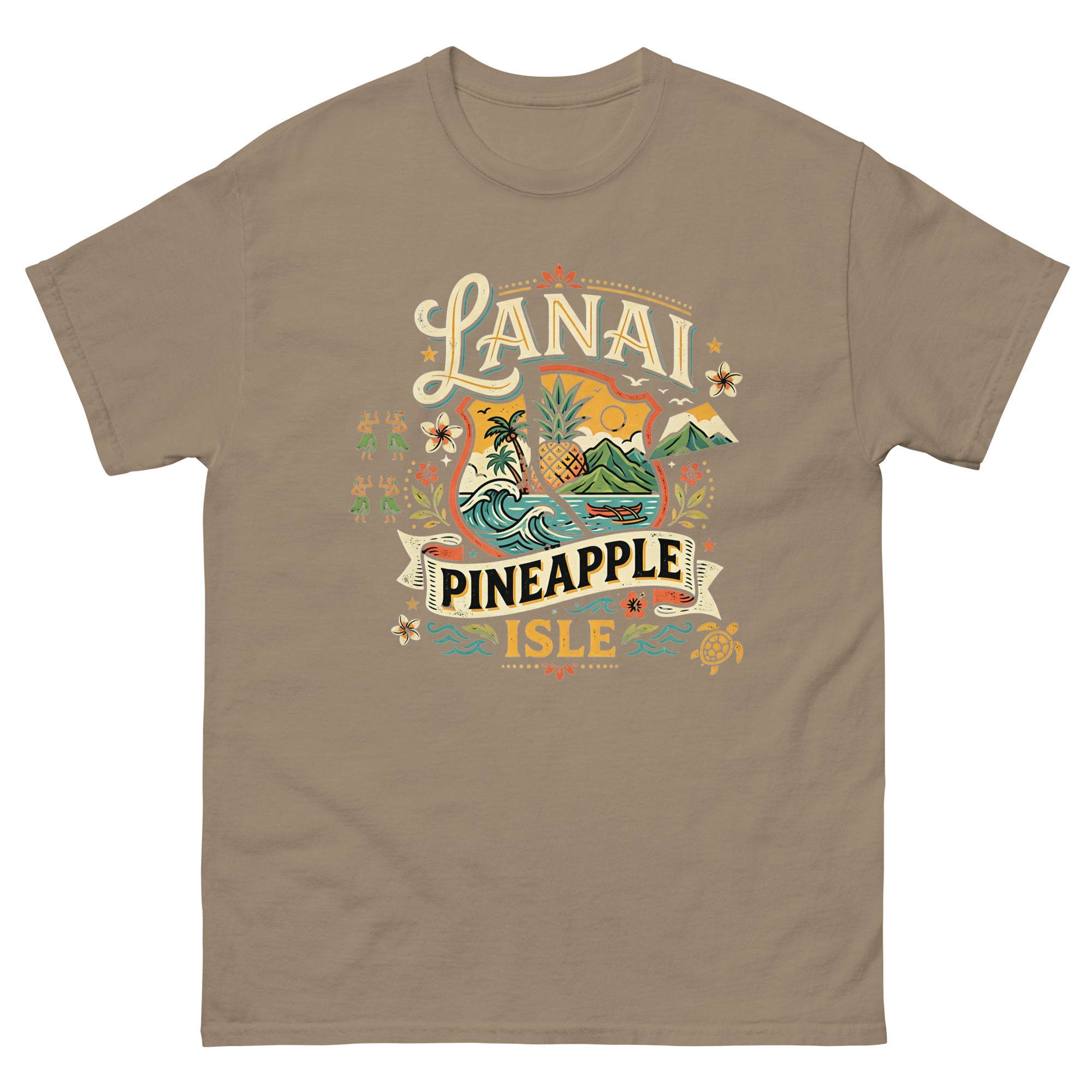 Lanai Pineapple Isle Hawaiian t-shirt design on a Brown Savana unisex tee