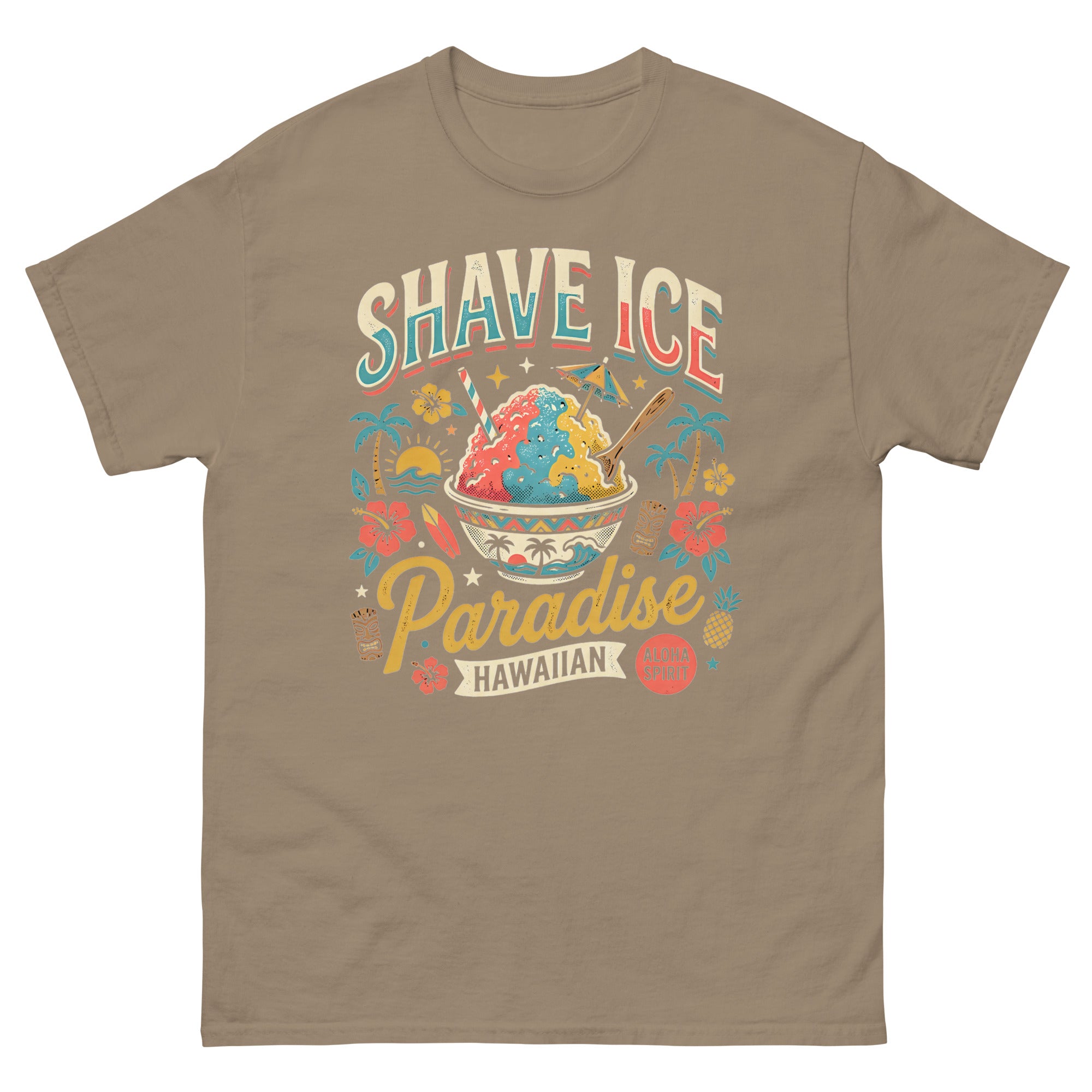 Shave Ice Paradise Hawaiian Aloha Spirit Hawaiian t-shirt design on a Brown Savana unisex tee