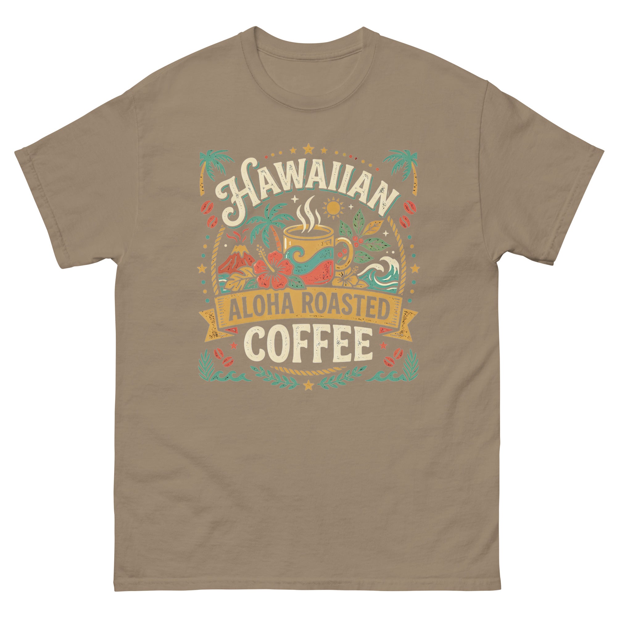 Hawaiian Aloha Roasted Coffee Hawaiian t-shirt design on a Brown Savana unisex tee