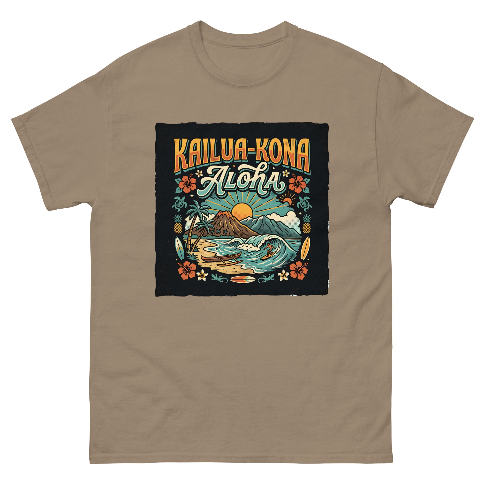 Kailua Kona Aloha Hawaiian t-shirt design on a Brown Savana unisex tee