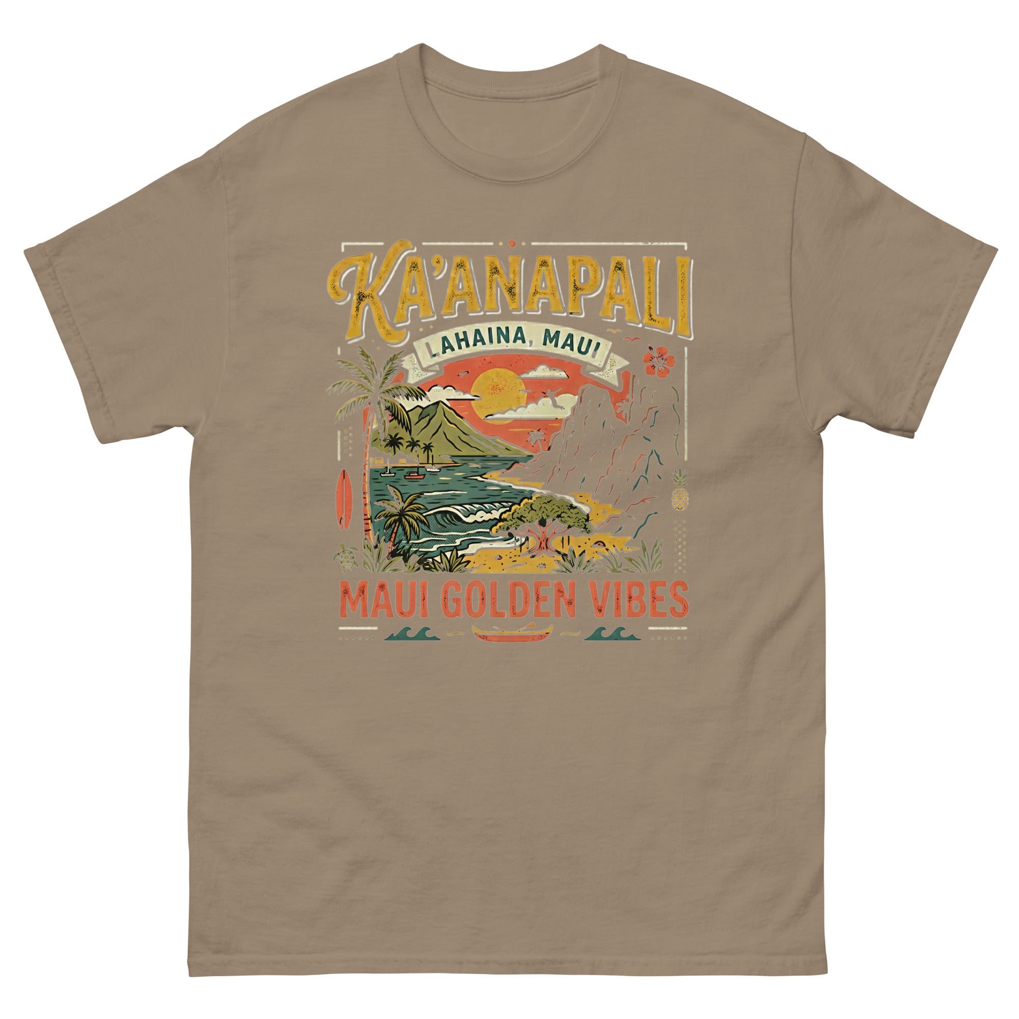 Kaanapali Lahaina Maui Golden Vibes v1 Hawaiian t-shirt design on a Brown Savana unisex tee