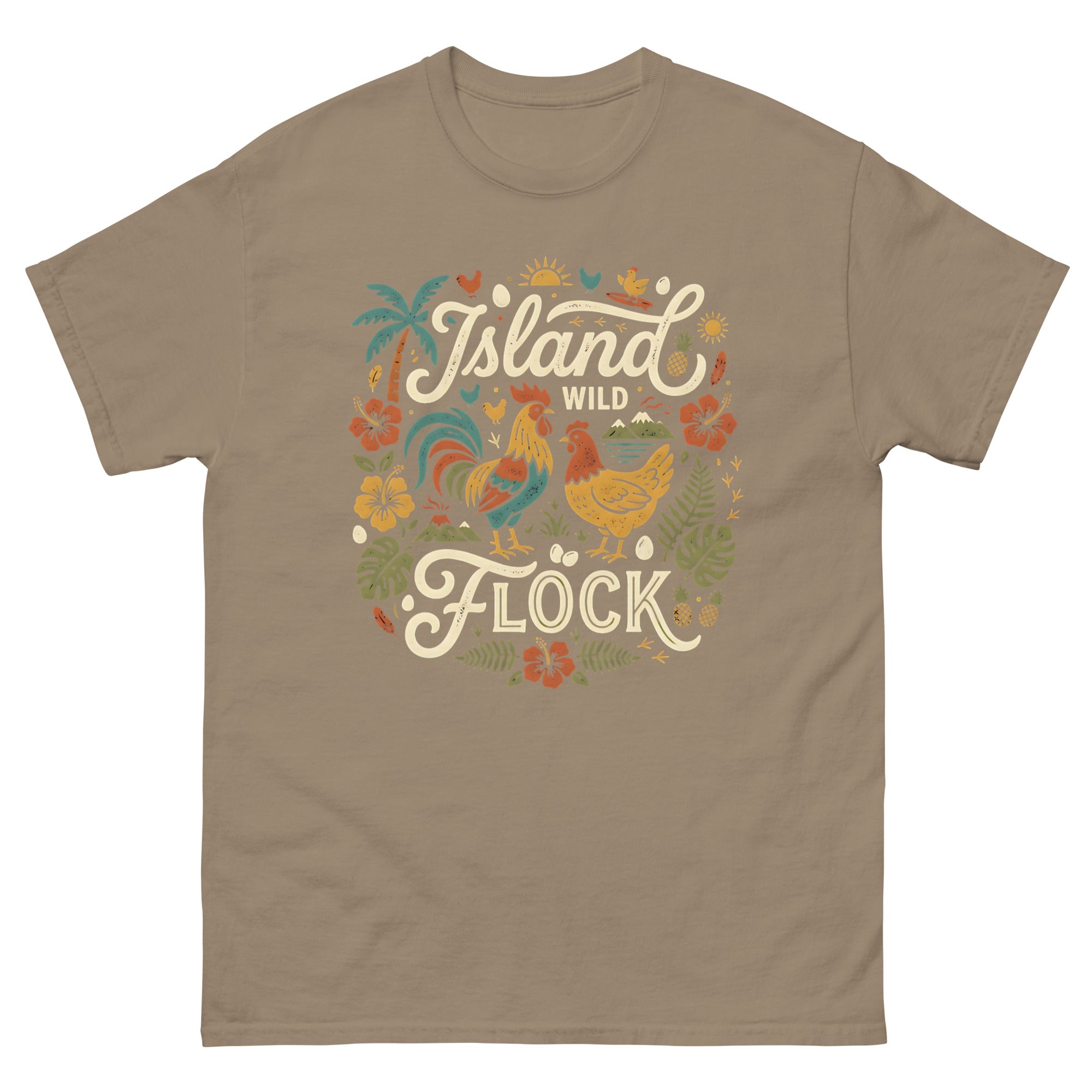 Island Wild Flock Hawaiian t-shirt design on a Brown Savana unisex tee