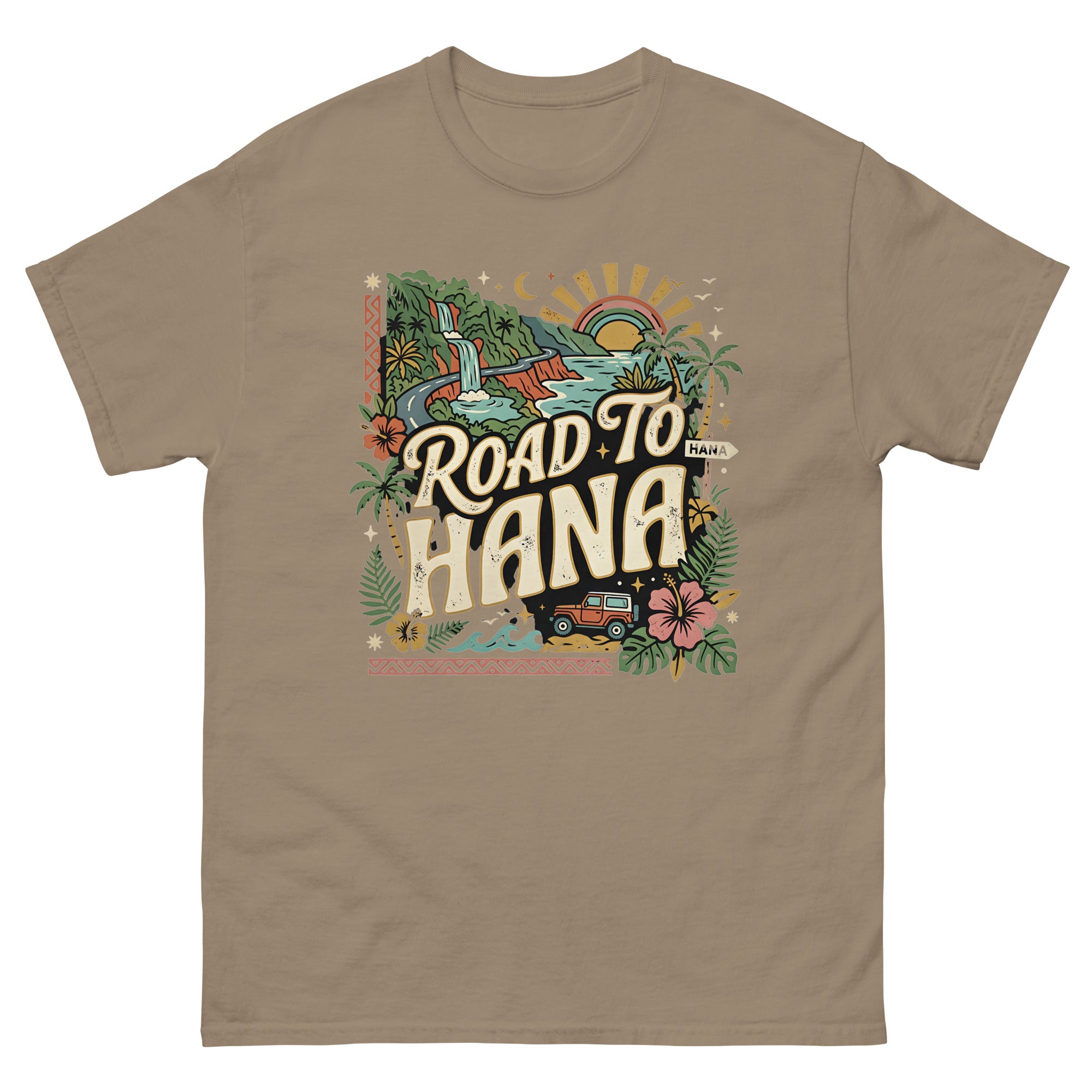 Road to Hana Jeep Hawaiian t-shirt design on a Brown Savana unisex tee