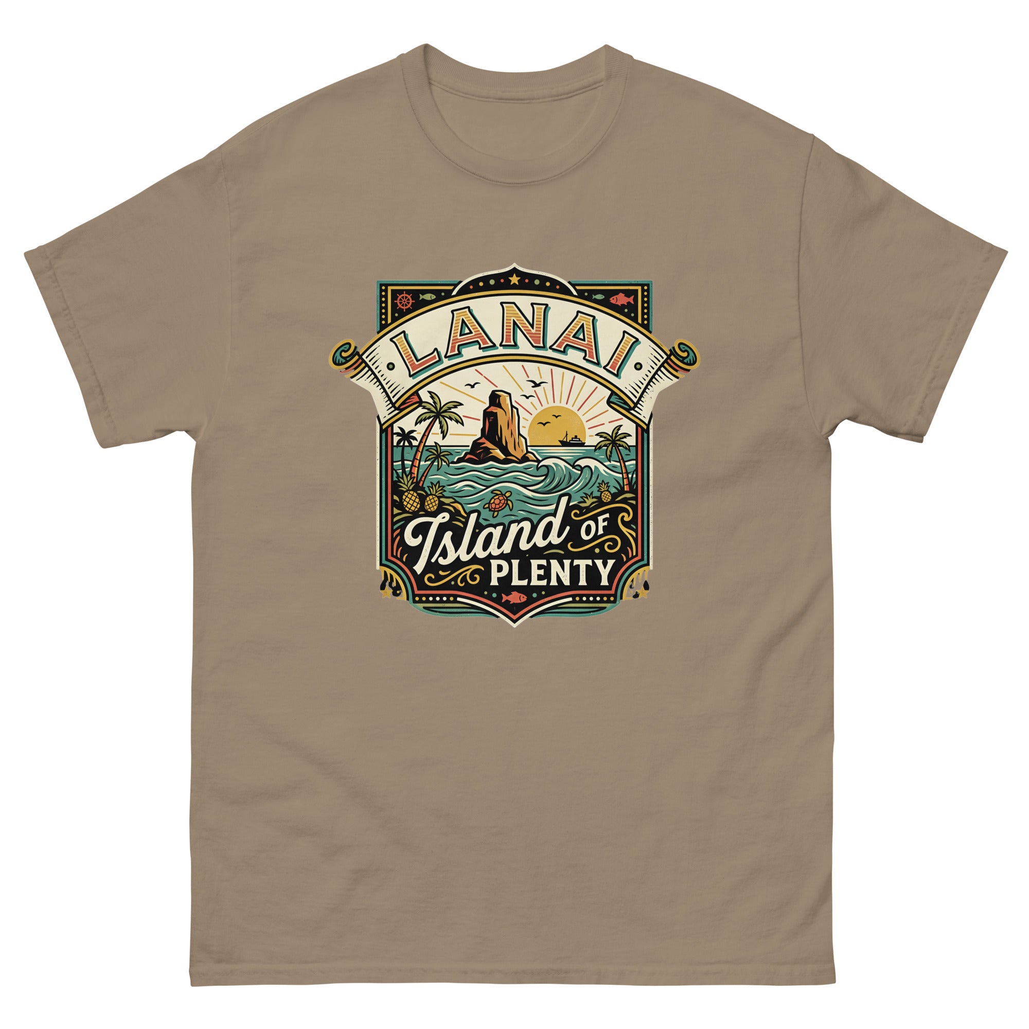 Lanai Island of Plenty Hawaiian t-shirt design on a Brown Savana unisex tee