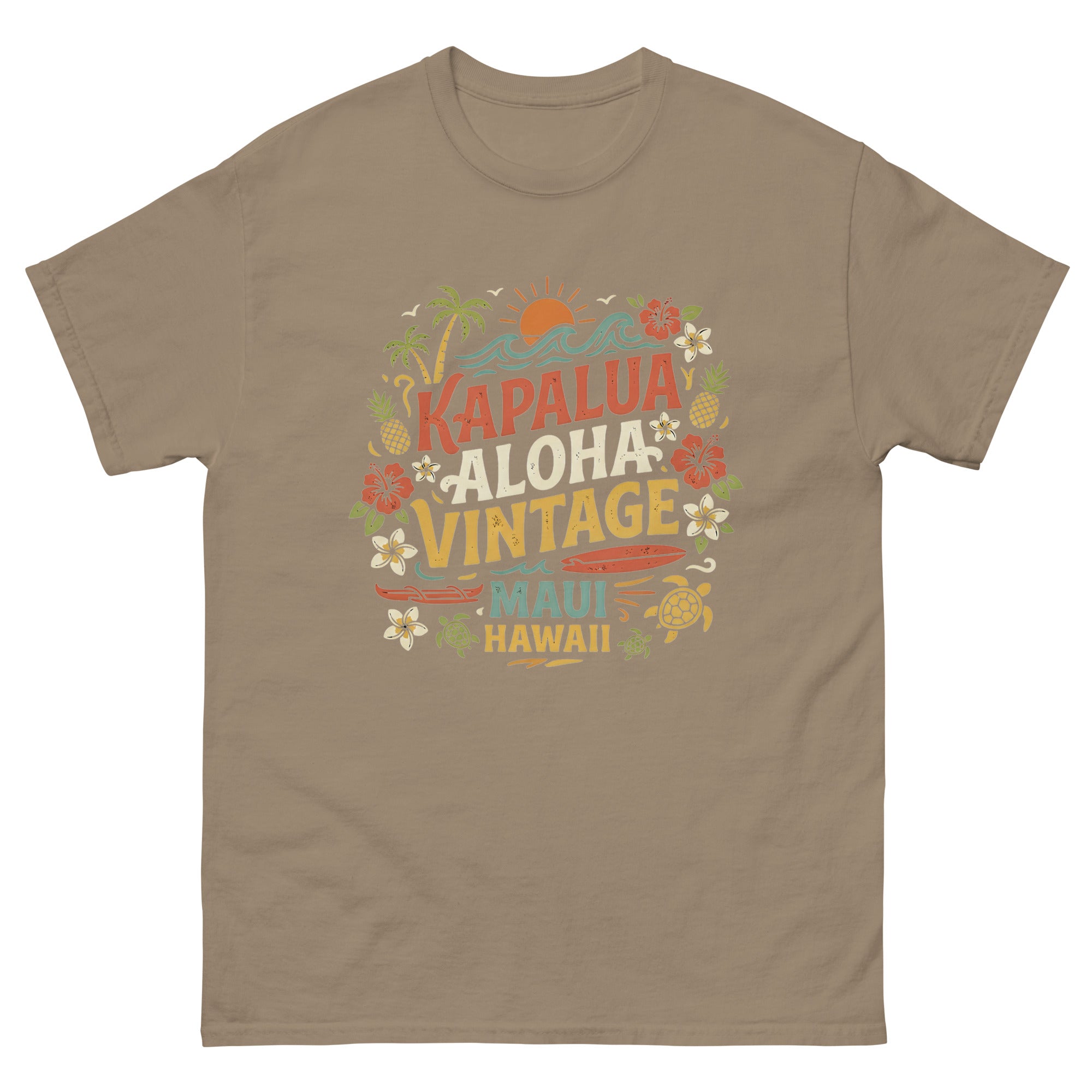 Kapalua Aloha Vintage Maui Hawaiian t-shirt design on a Brown Savana unisex tee