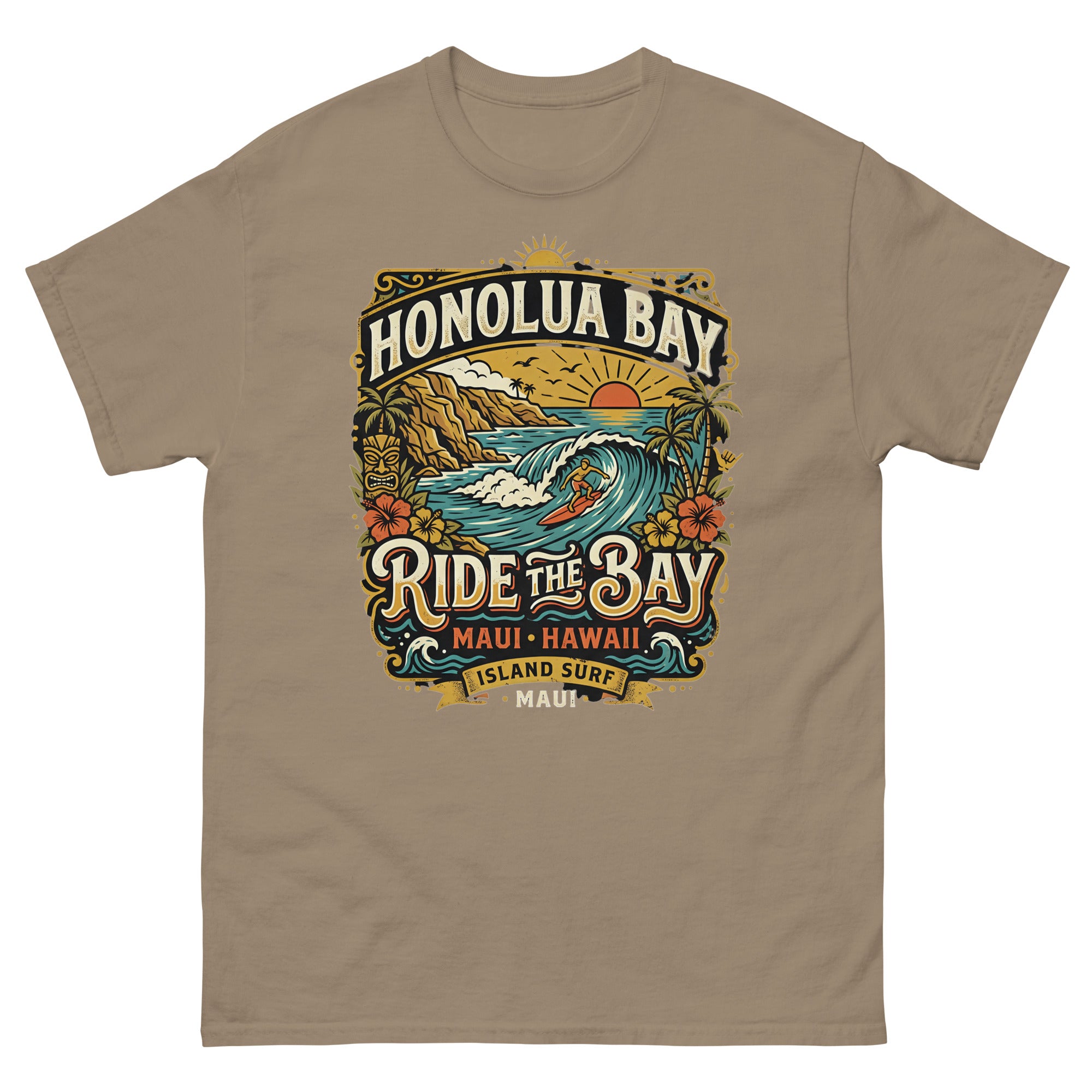 Honolua Bay Ride the Bay Hawaiian t-shirt design on a Brown Savana unisex tee