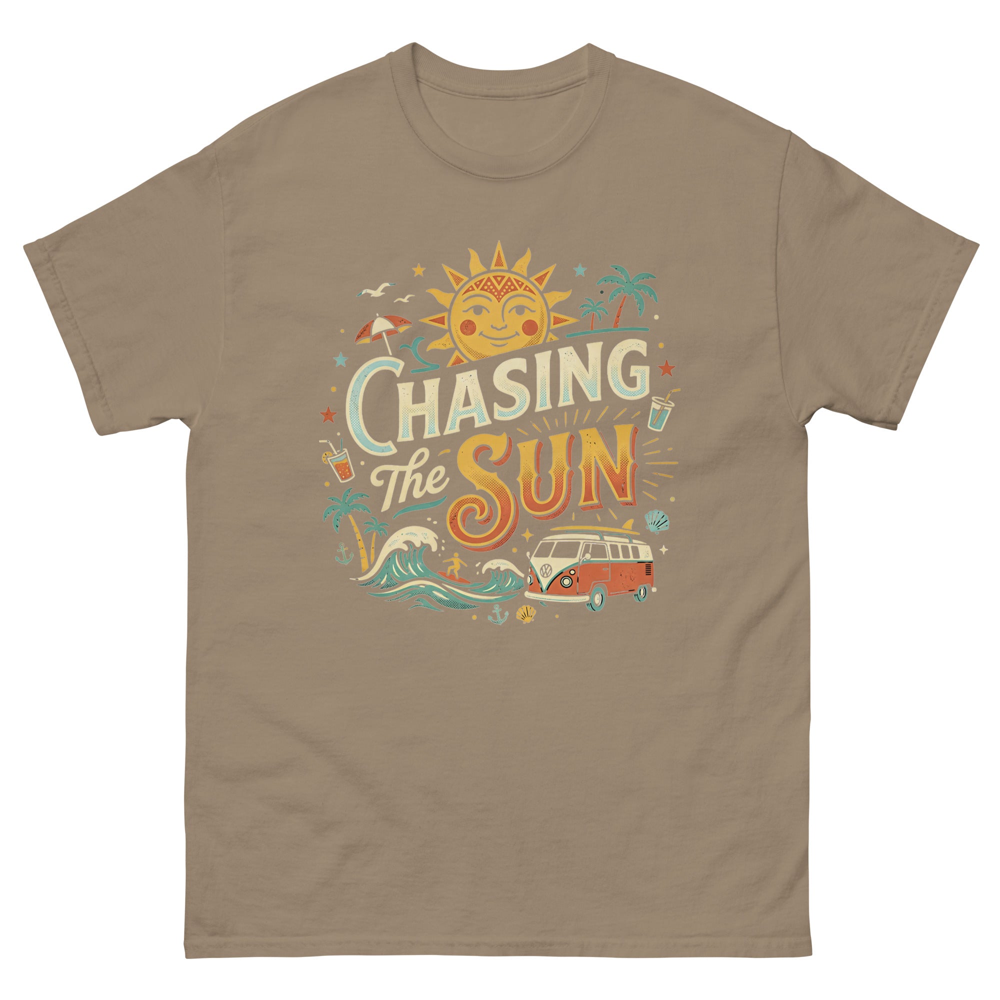 Chasing the Sun v1 Hawaiian t-shirt design on a Brown Savana unisex tee