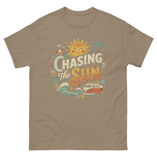 Chasing the Sun v1 Hawaiian t-shirt design on a Brown Savana unisex tee