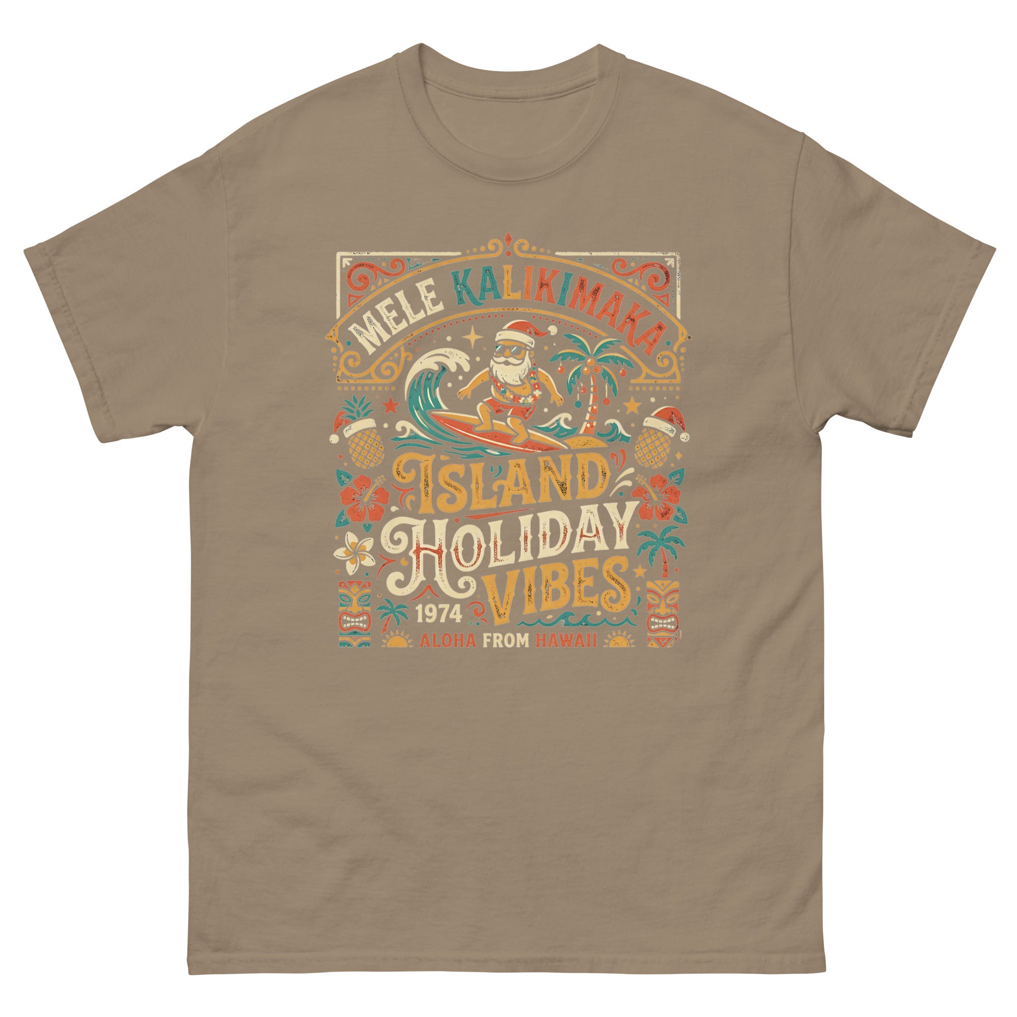 Mele Kalikimaka Island Holiday Vibes Hawaiian t-shirt design on a Brown Savana unisex tee