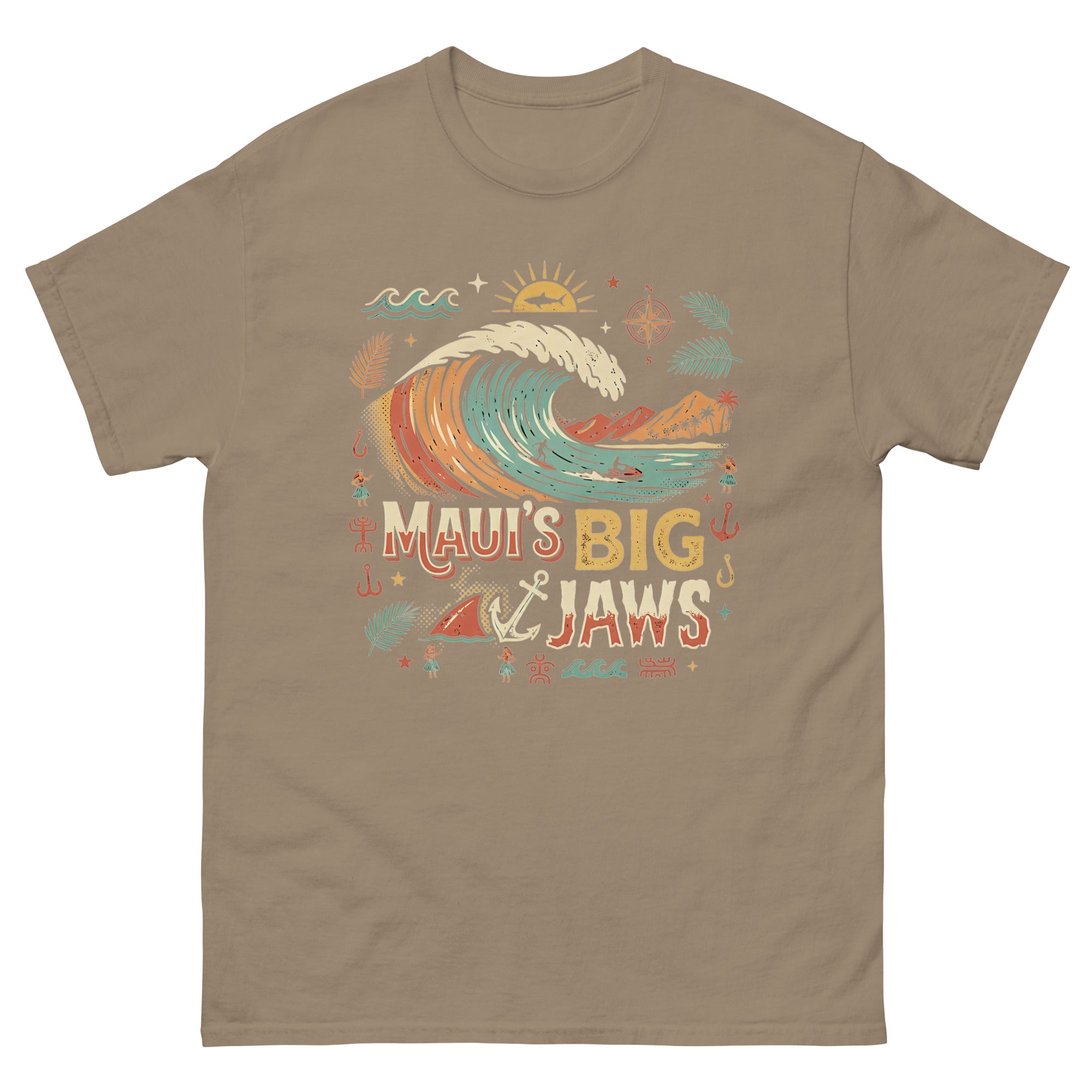 Mauis Big Jaws Hawaiian t-shirt design on a Brown Savana unisex tee