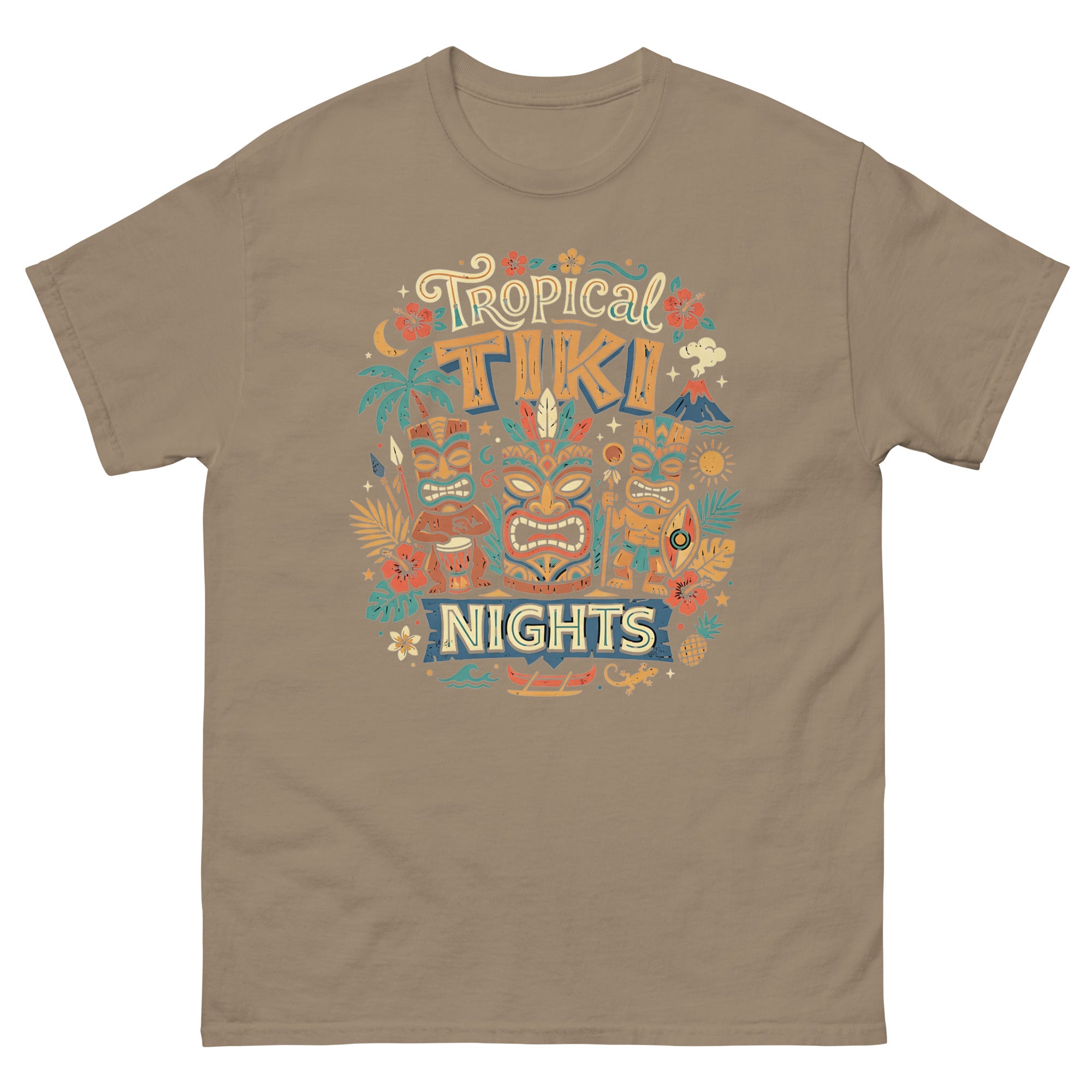 Tropical Tiki Nights v1 Hawaiian t-shirt design on a Brown Savana unisex tee