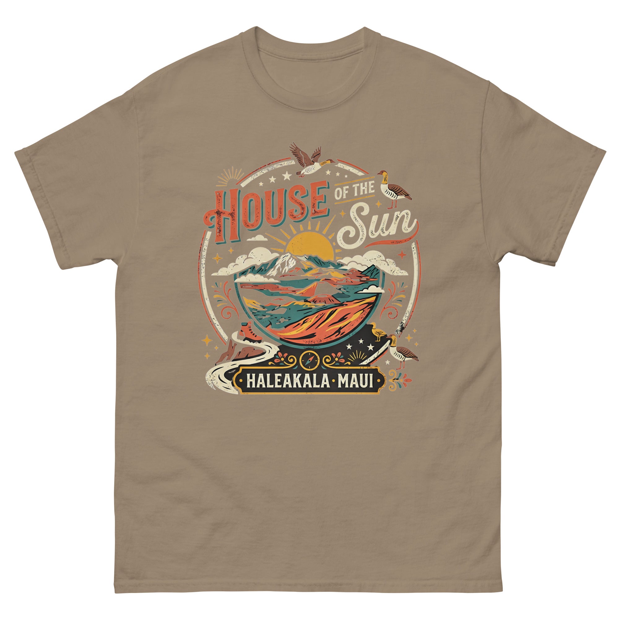 House of the Sun Haleakala Maui Hawaiian t-shirt design on a Brown Savana unisex tee