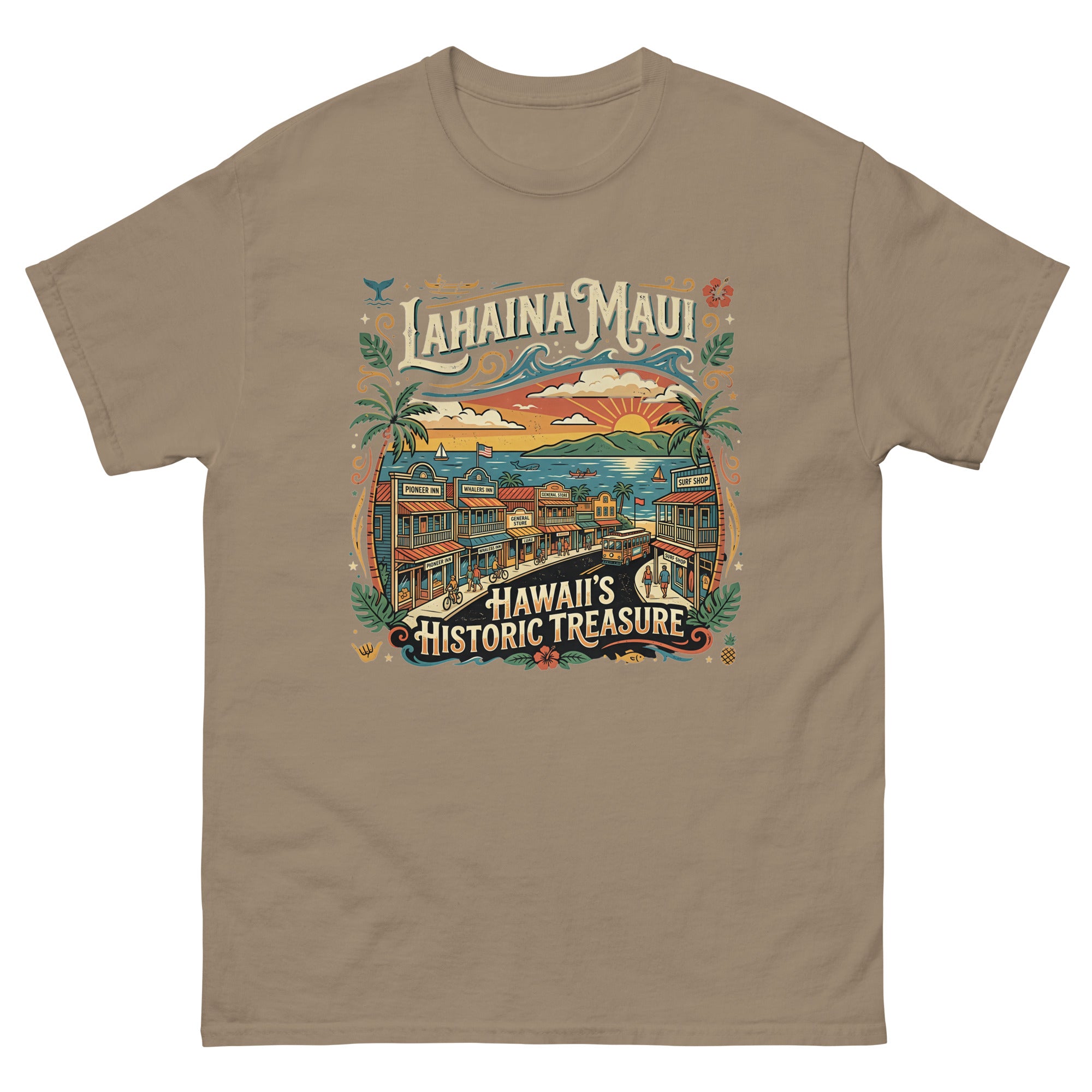 Lahaina Maui Historic Treasure Hawaiian t-shirt design on a Brown Savana unisex tee