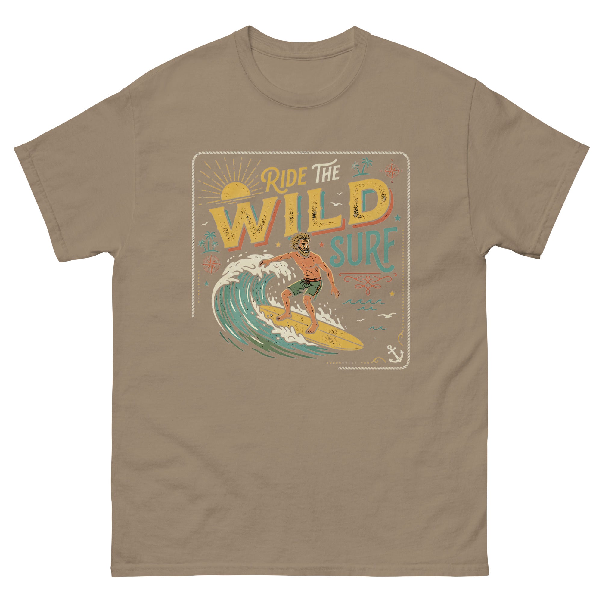 Ride the Wild Surf Hawaiian t-shirt design on a Brown Savana unisex tee