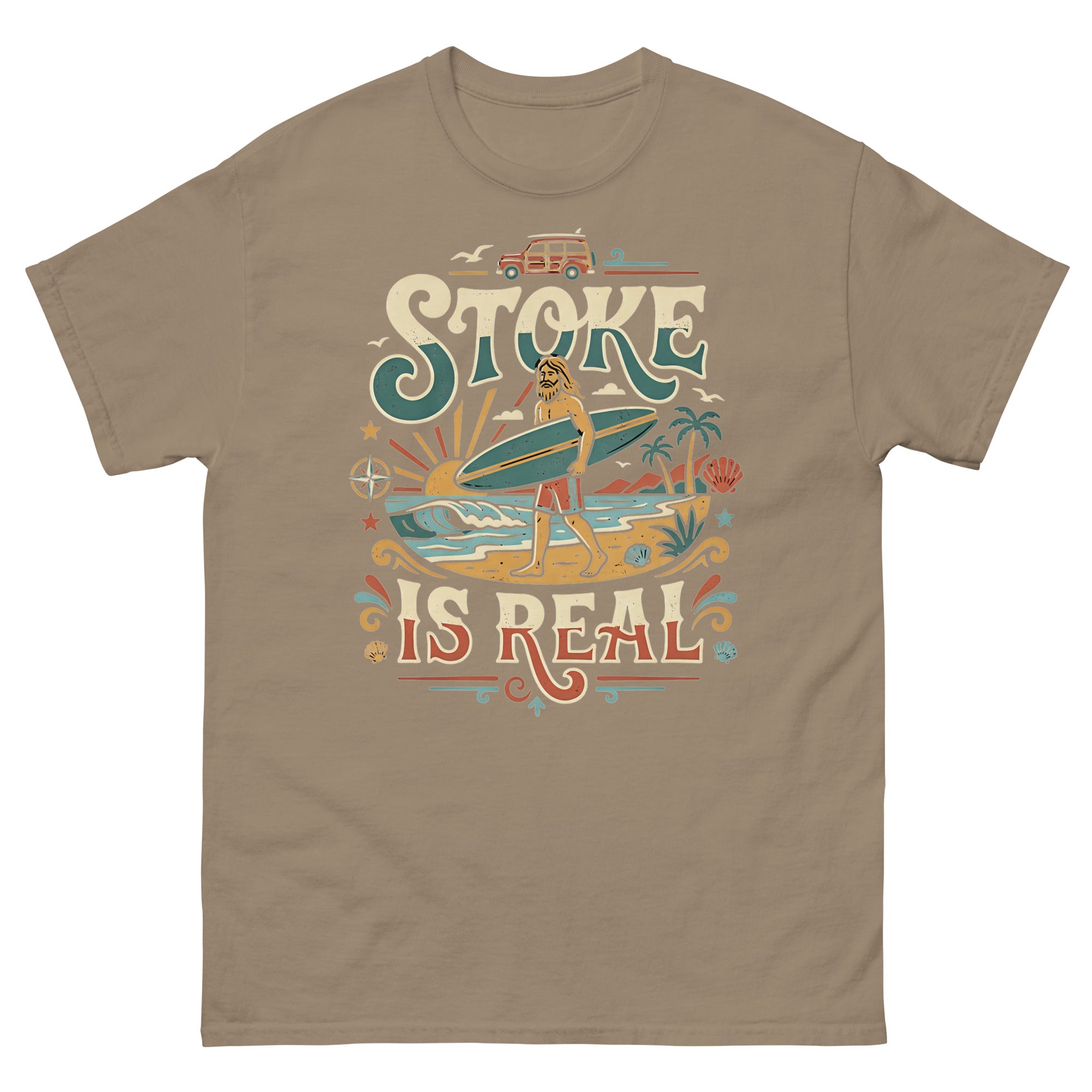 Stoke Is Real v3 Hawaiian t-shirt design on a Brown Savana unisex tee