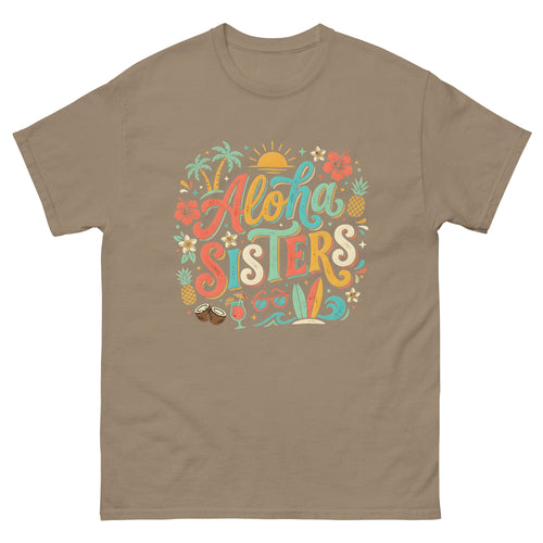Aloha Sisters Hawaiian t-shirt design on a Brown Savana unisex tee