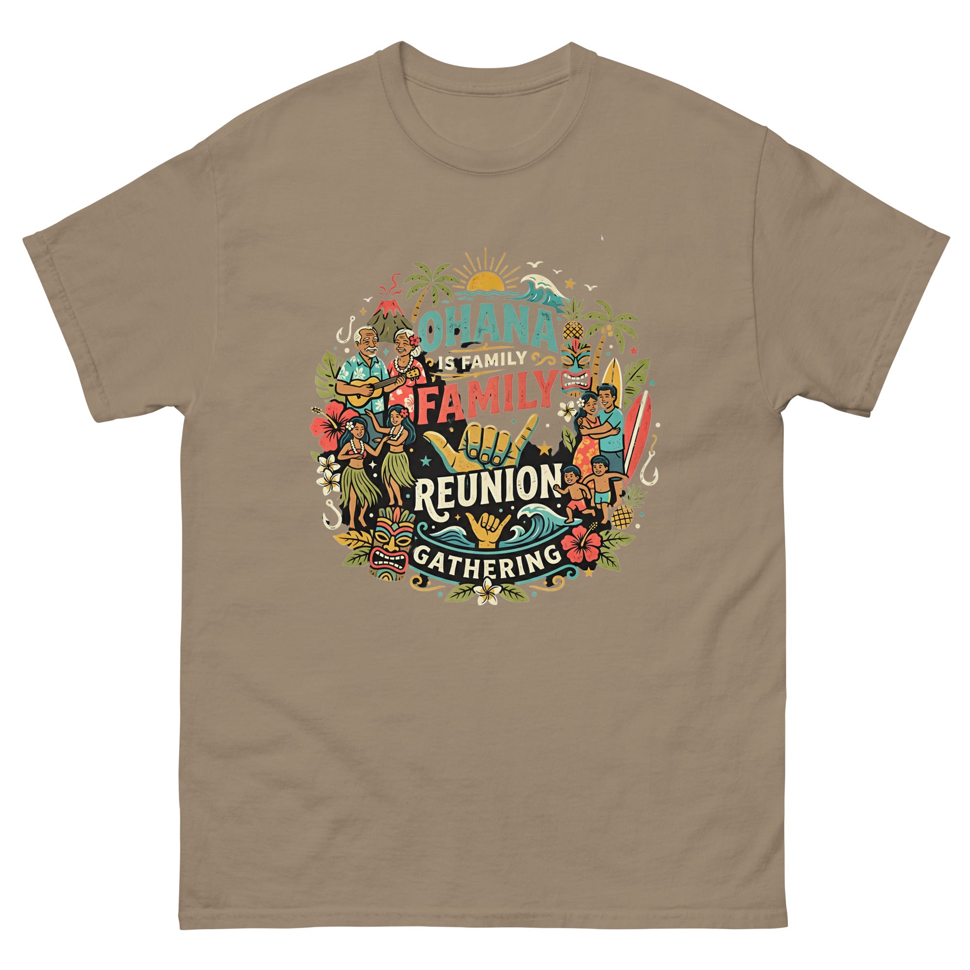 Ohana Family Reunion Hawaiian t-shirt design on a Brown Savana unisex tee
