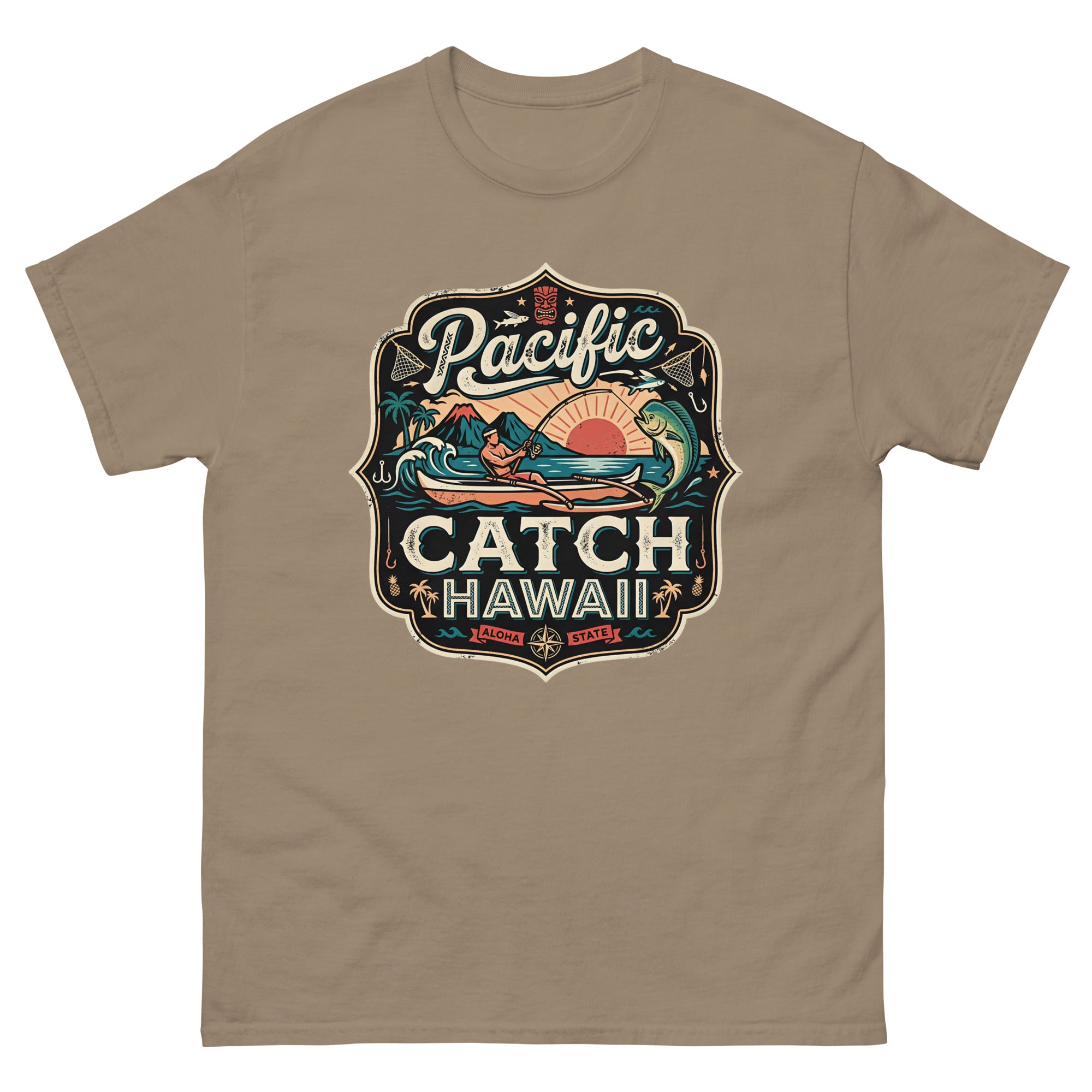 Pacific Catch Hawaii Hawaiian t-shirt design on a Brown Savana unisex tee