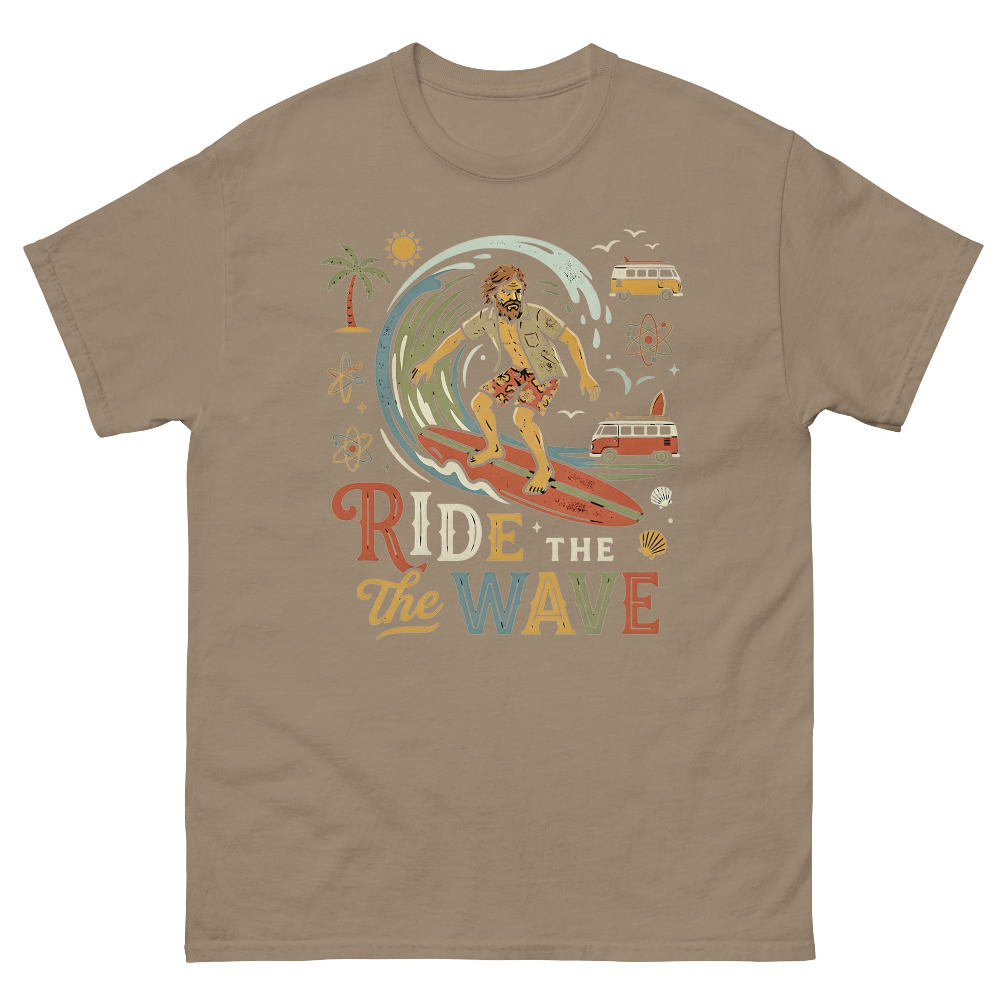 Ride the Wave Hawaiian t-shirt design on a Brown Savana unisex tee