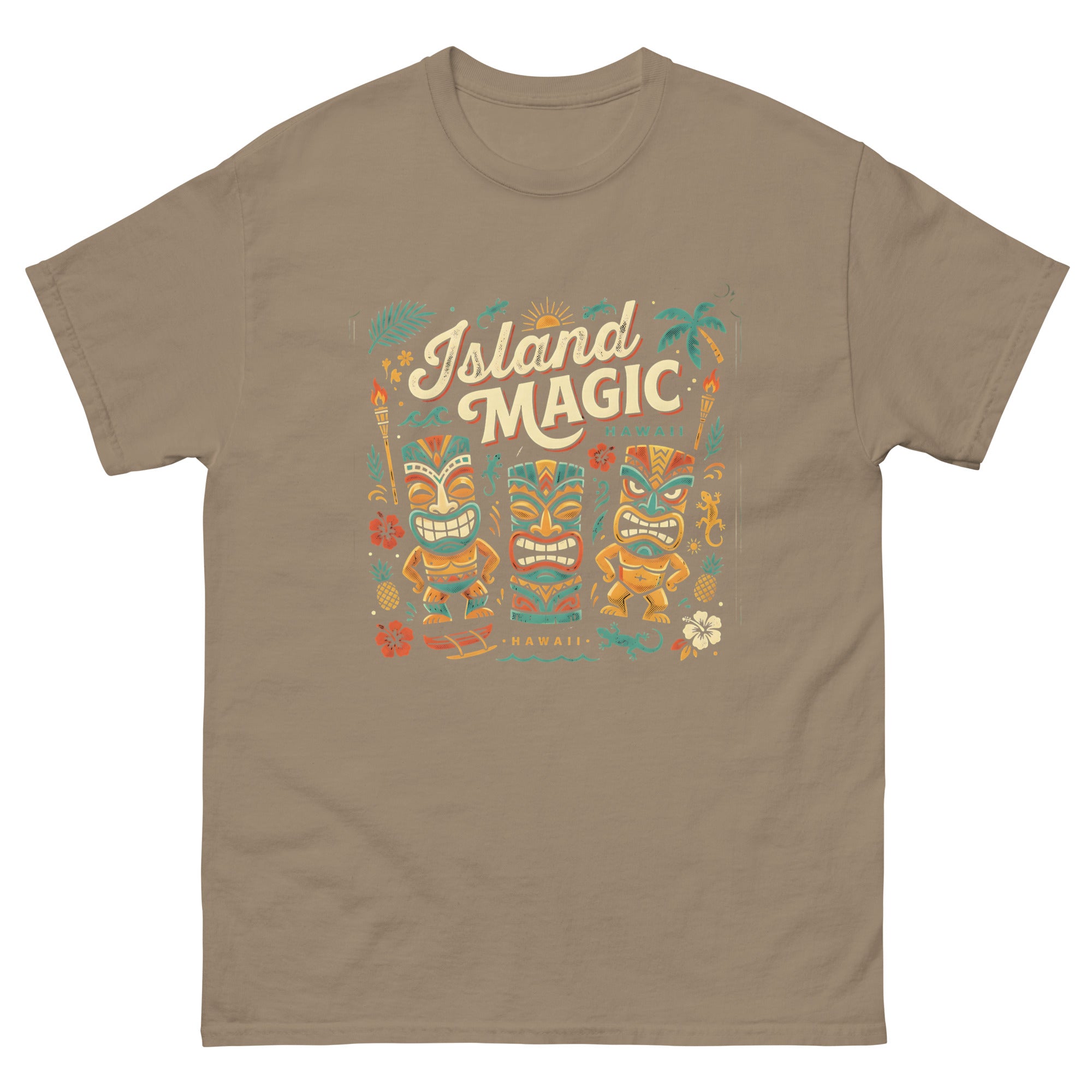 Tropical Tiki Nights v3 Hawaiian t-shirt design on a Brown Savana unisex tee