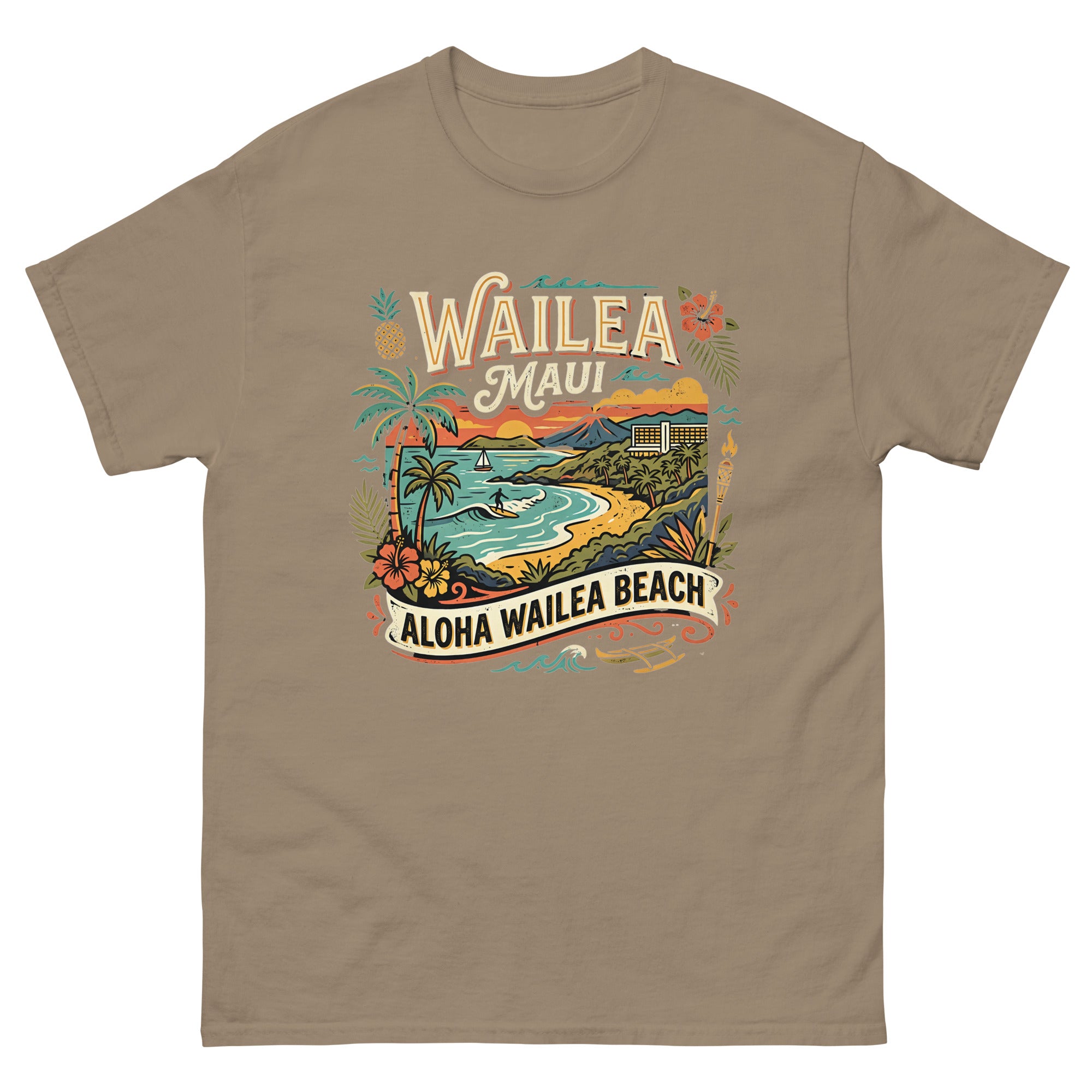 Wailea Maui Aloha Beach Hawaiian t-shirt design on a Brown Savana unisex tee