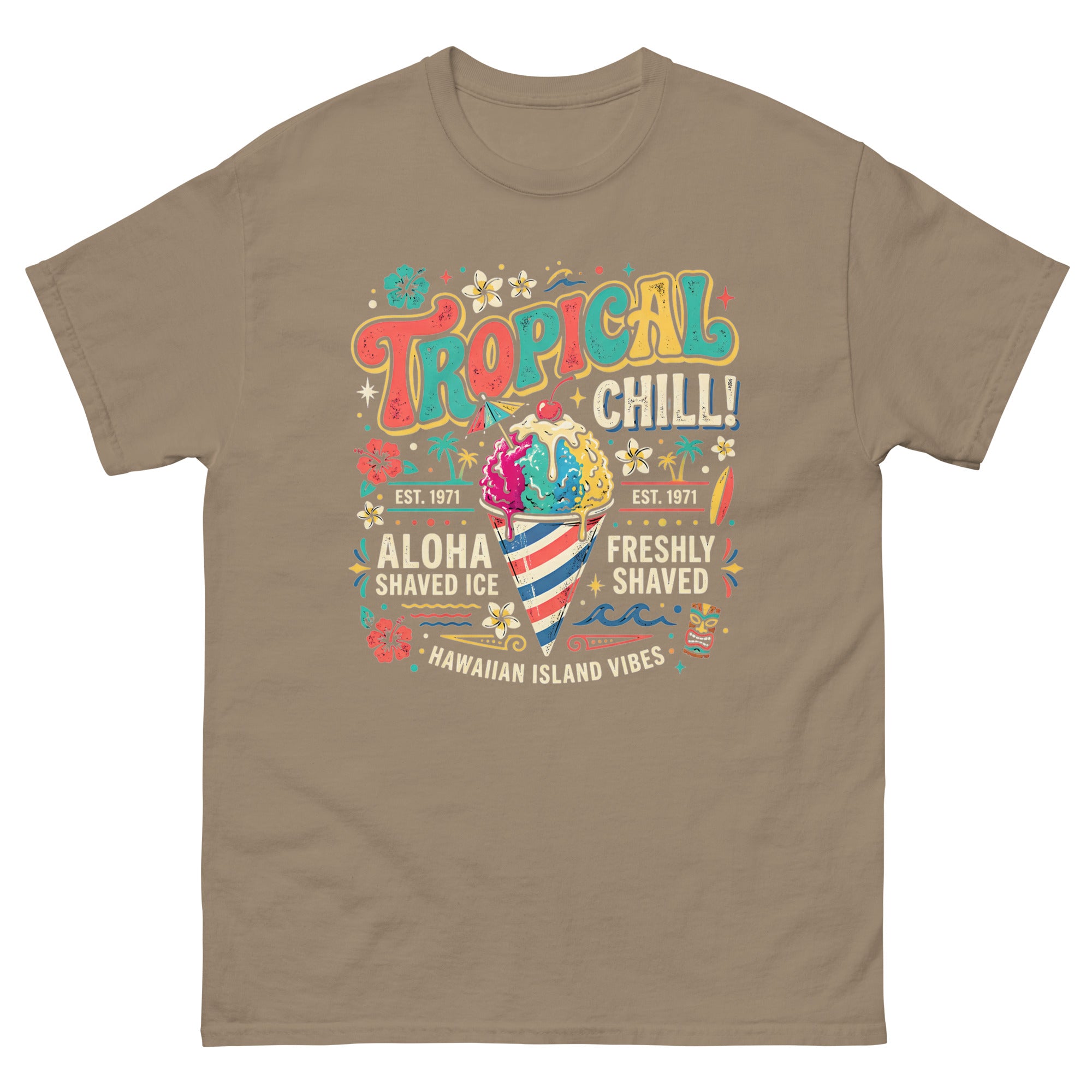 Tropical Chill Aloha Shaved Ice Hawaiian t-shirt design on a Brown Savana unisex tee