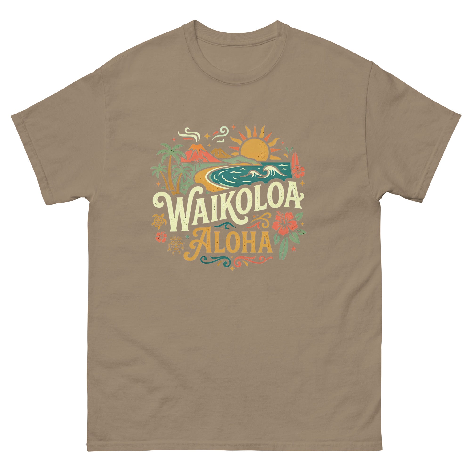 Waikoloa Aloha Hawaiian t-shirt design on a Brown Savana unisex tee